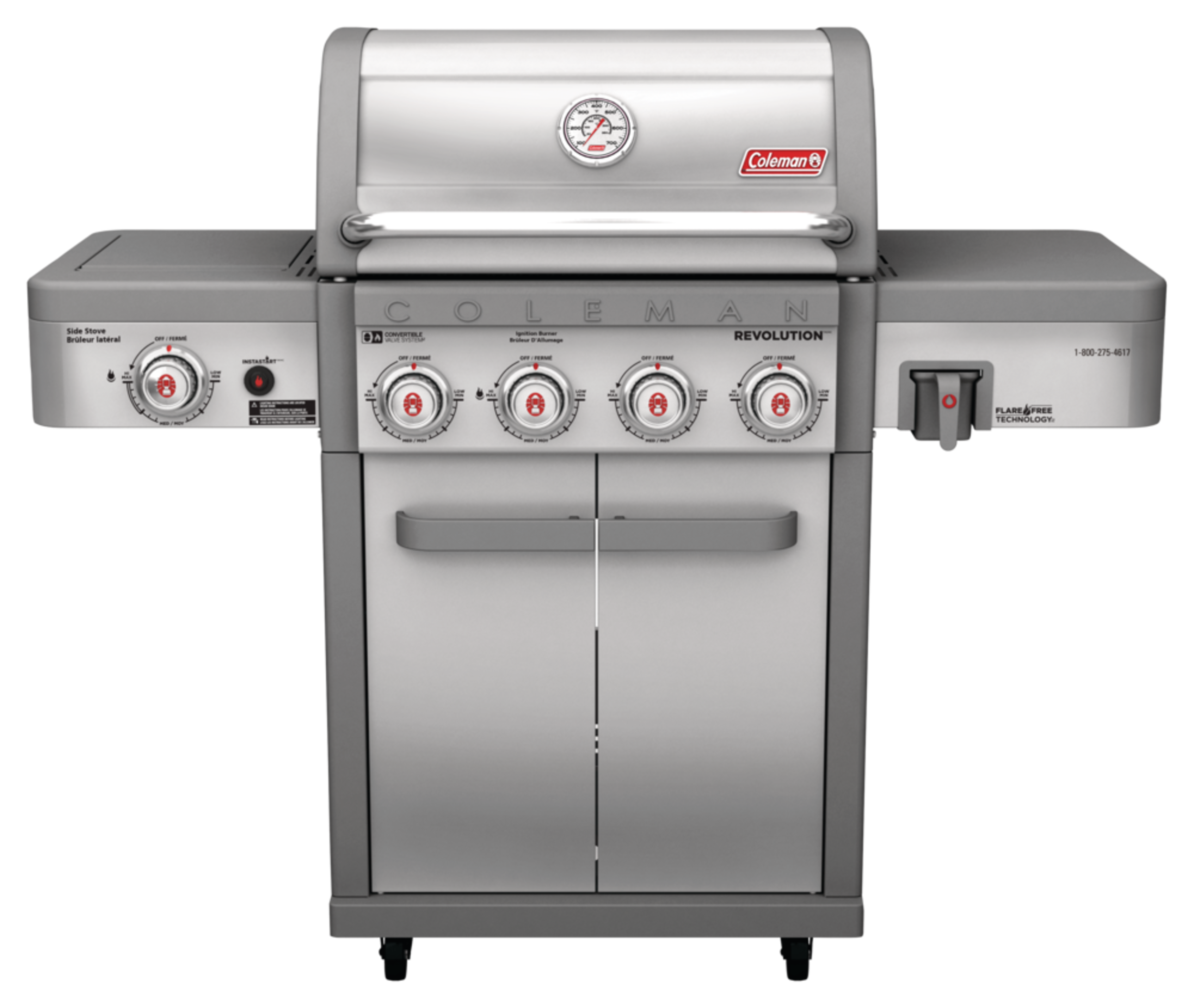 Coleman Revolution 4-Burner Convertible Propane Gas BBQ Grill with an Extra Side Burner Front_Flat
