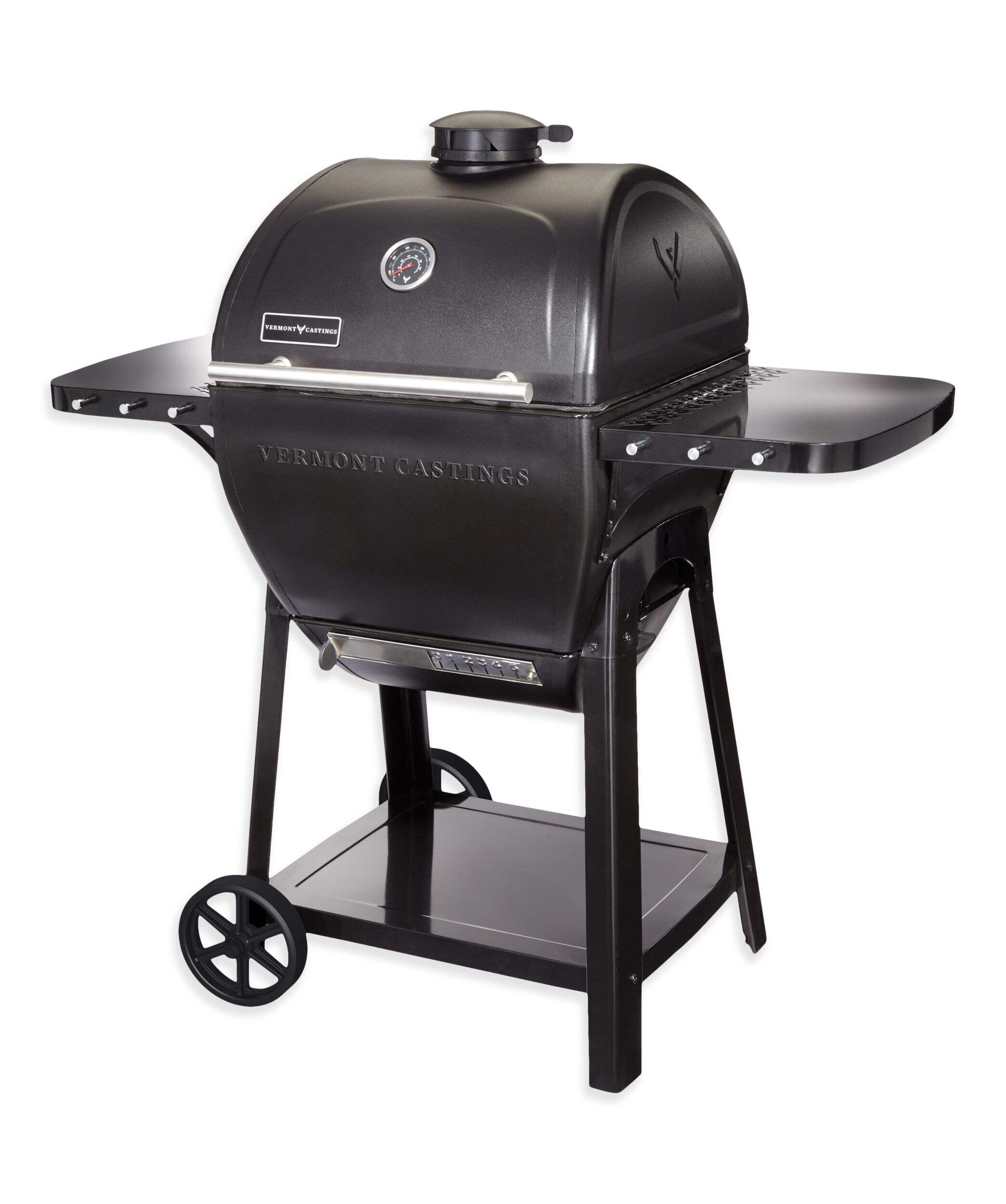 Vermont Castings Pioneer 7-in-1 Charcoal Kamado BBQ Grill & Smoker with Side Shelves Front_Angled_Left