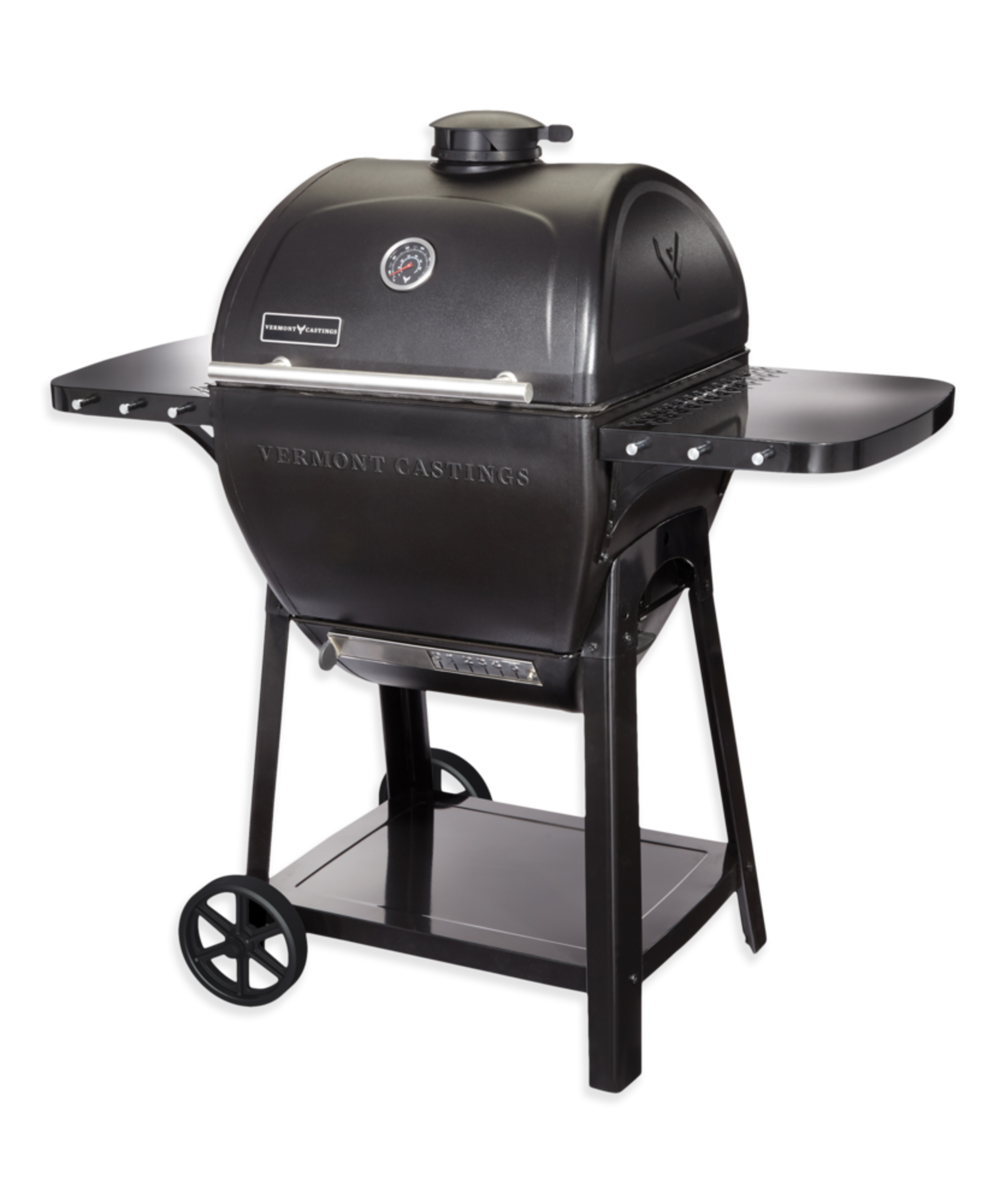 Vermont Castings Pioneer 7-in-1 Charcoal Kamado BBQ Grill & Smoker with Side Shelves Front_Angled_Left