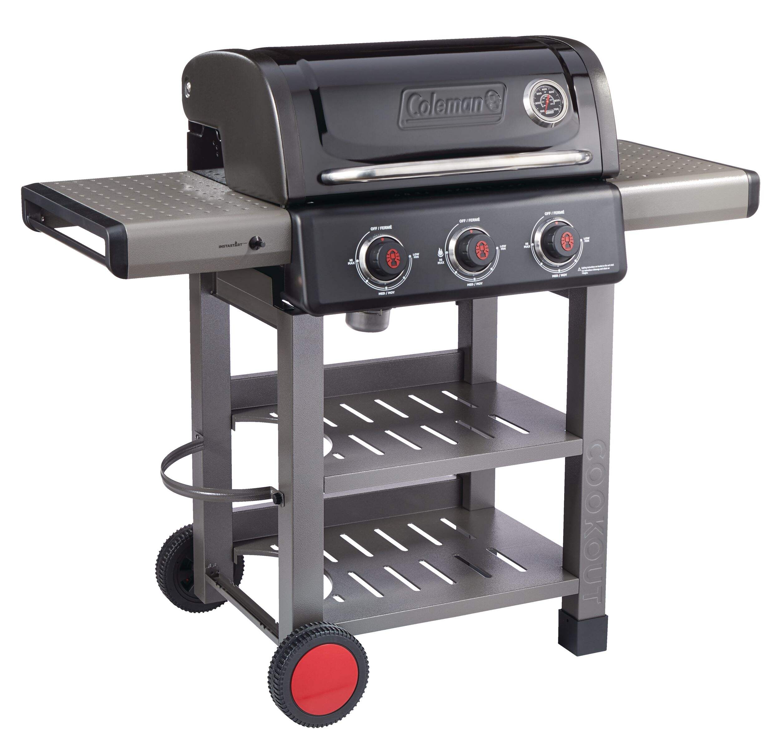 Coleman Cookout 3-Burner Propane Gas BBQ Grill with Side & Storage Shelves Front_Three_Fourths_Angled_Right