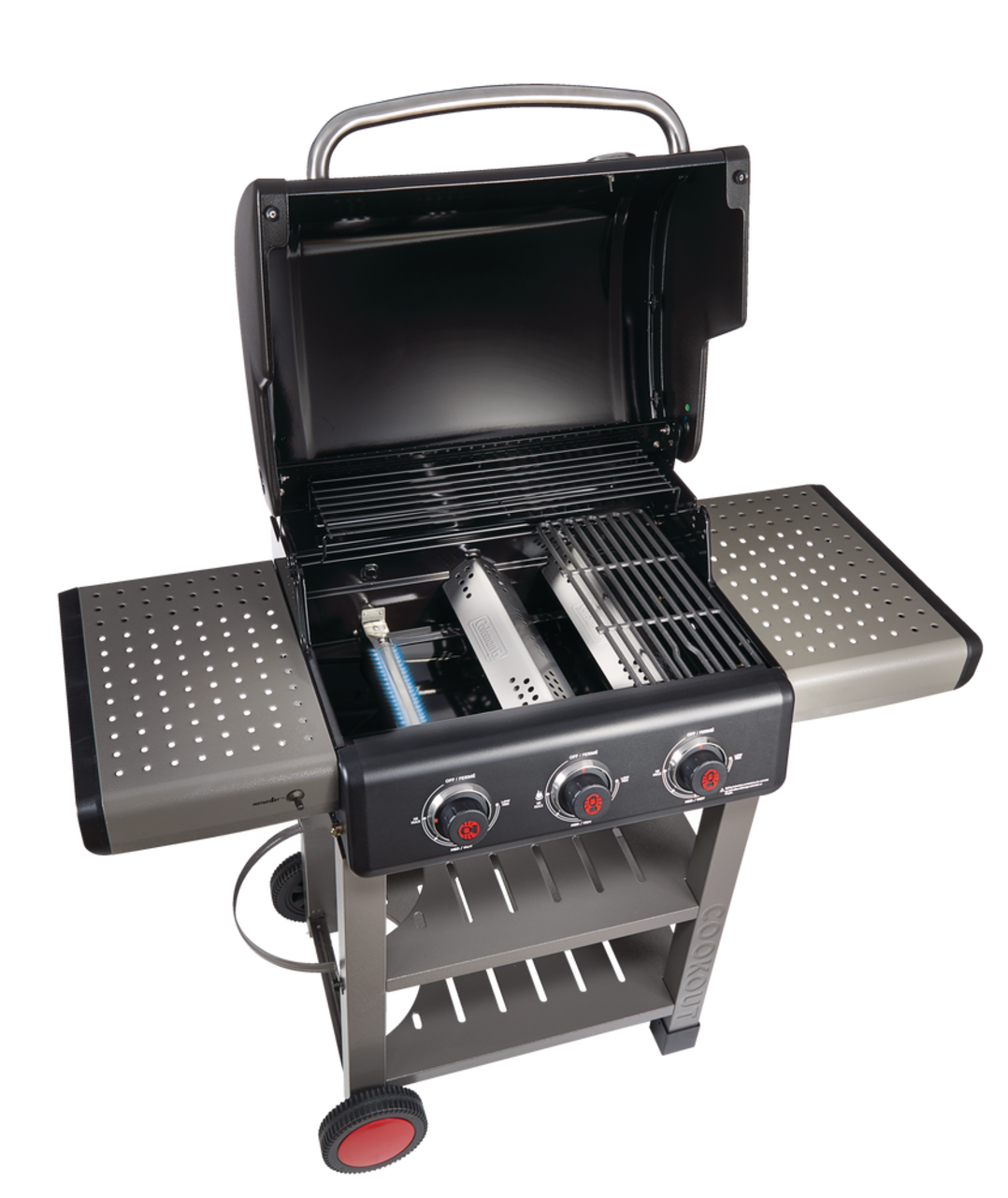 Coleman Cookout 3 Burner Propane Gas BBQ Grill with Side Storage Shelves