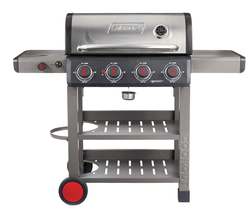 Coleman Cookout 4-Burner Propane Gas BBQ Grill with Side Burner & Storage  Shelves