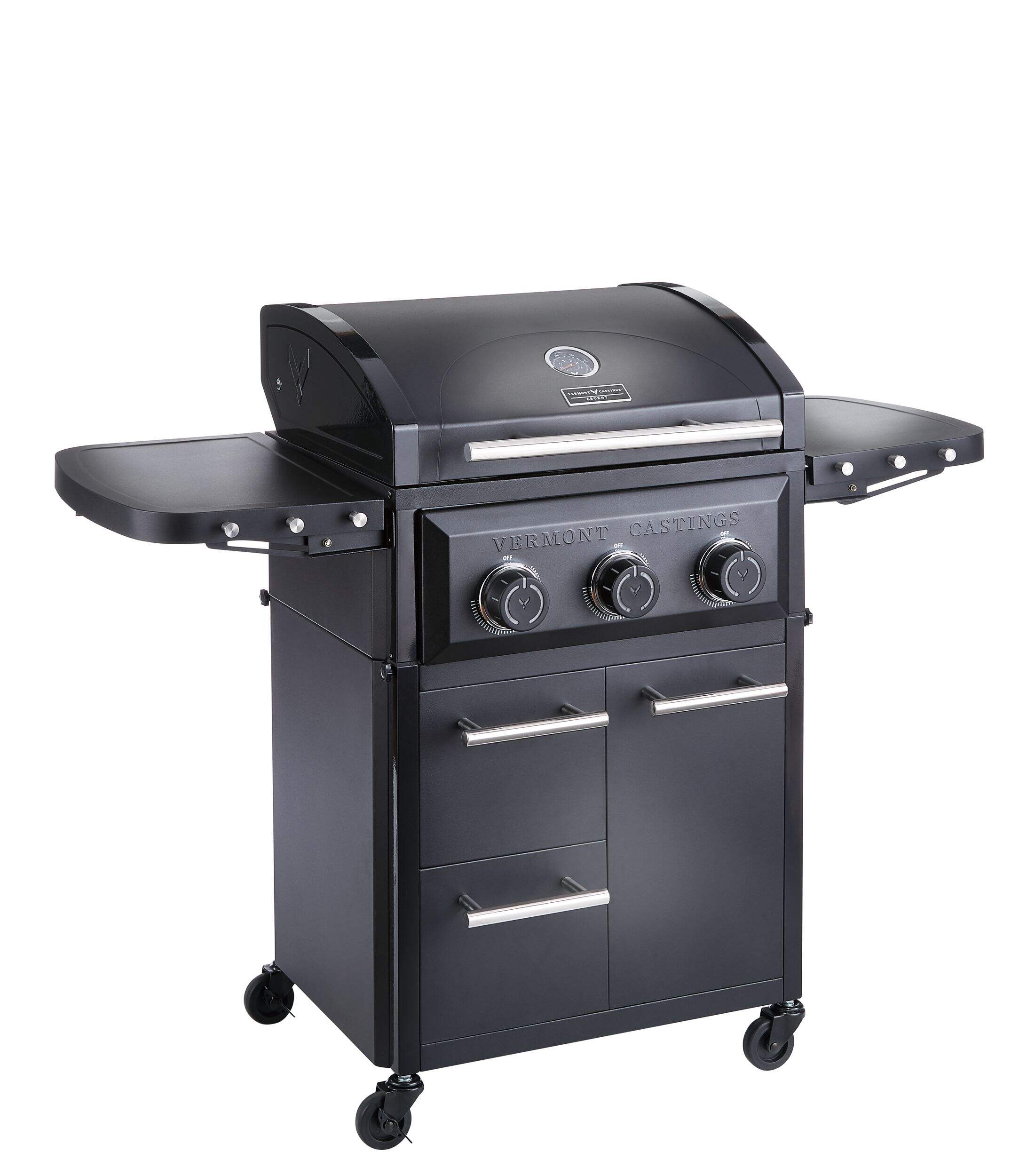 Vermont Castings Ascent Electric 3-Burner Balcony BBQ Grill with Cast Iron Lid Front_Three_Fourths_Angled_Right