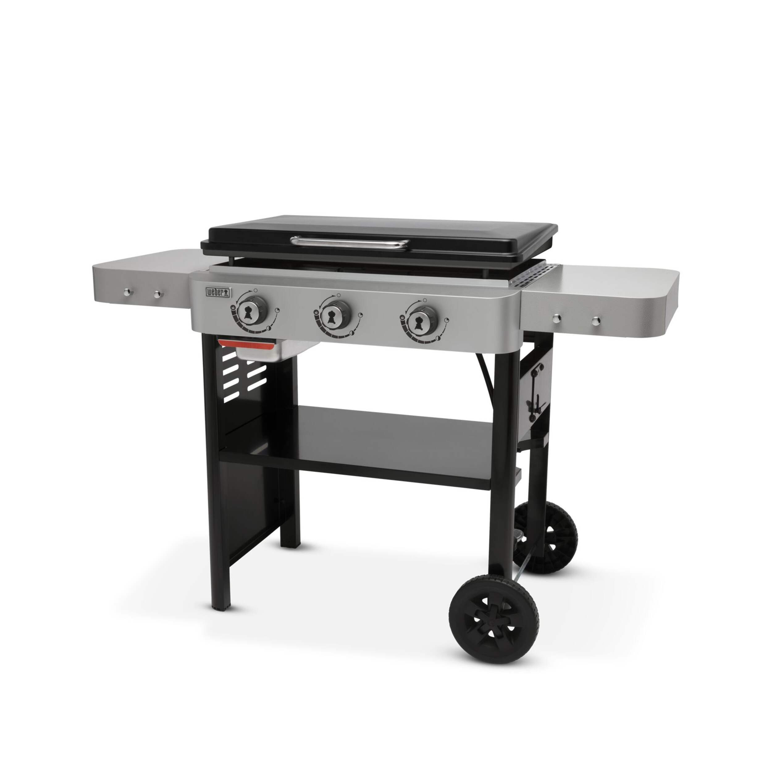 Weber Outdoor Cast Iron 3-Burner Gas Griddle Cooking Station with Grease Tray Front_Angled_Left