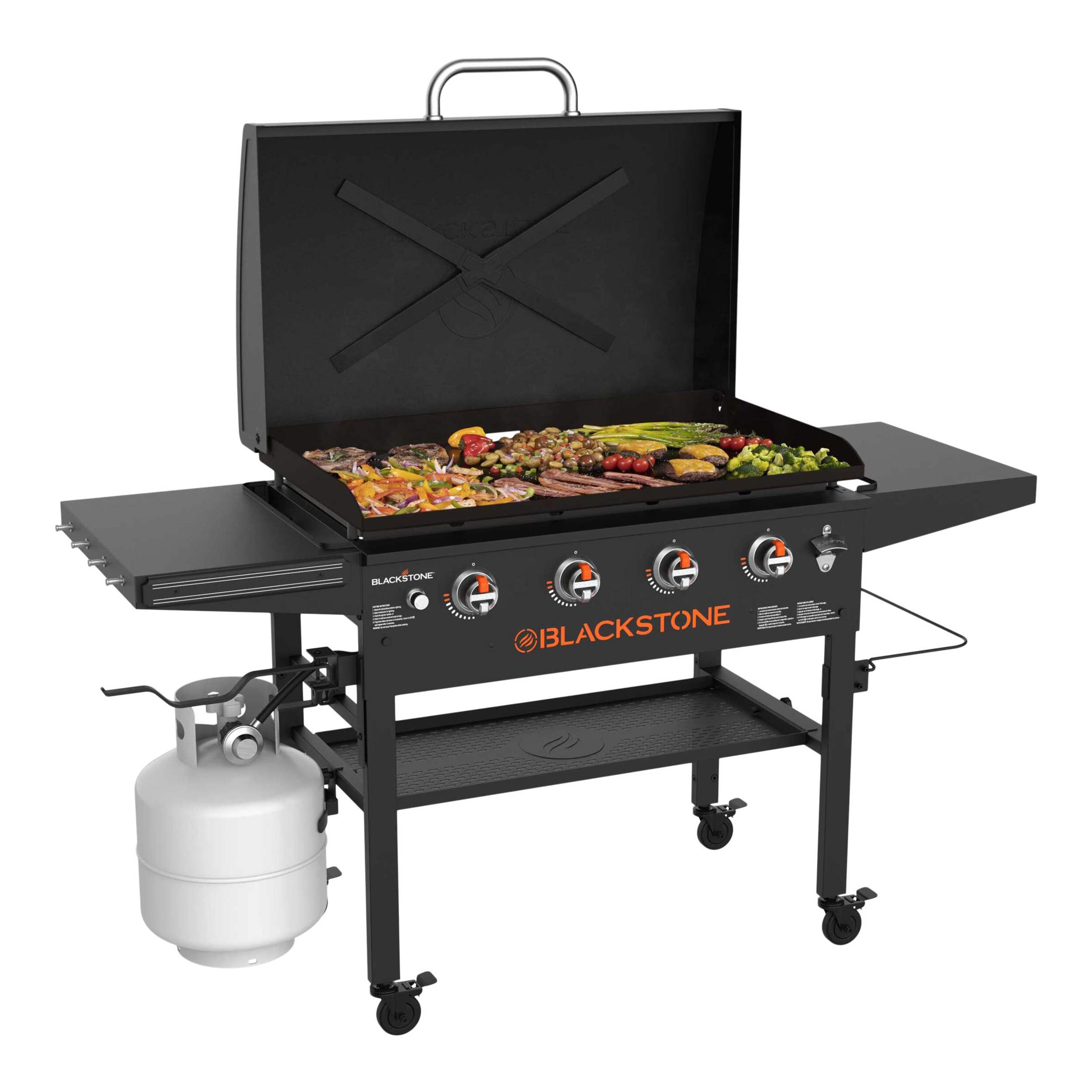 Blackstone 4-Burner Griddle BBQ with Hinged Lid and Omnivore Griddle Plate, 36" Griddle Front_Angled_Right