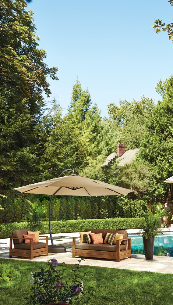 CANVAS Miramar Outdoor/Patio Offset Umbrella w/Solar LED Light, Base & Crank, Beige, 11ft