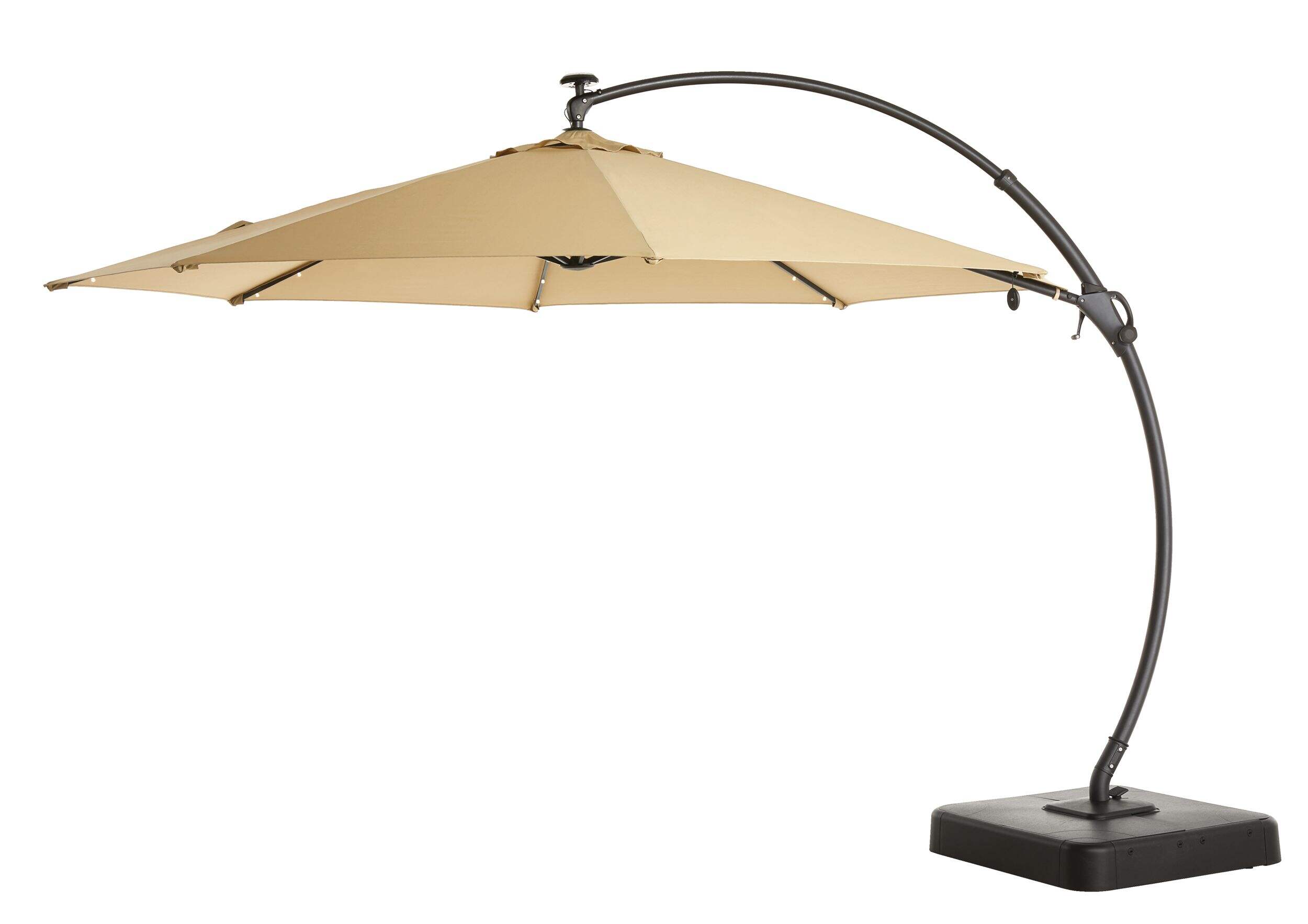 CANVAS Miramar Outdoor/Patio Offset Umbrella w/Solar LED Light, Base & Crank, Beige, 11-ft Front_Angled_Left