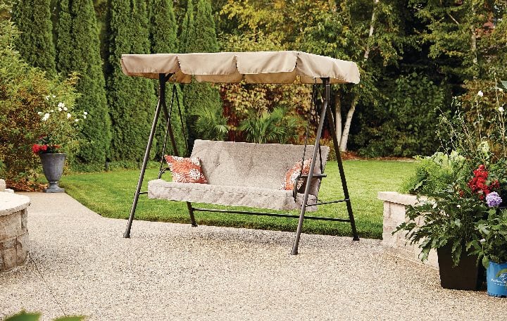 For Living Parsons Collection Outdoor Patio 3 Seater Swing w Canopy Cushions Beige Canadian Tire