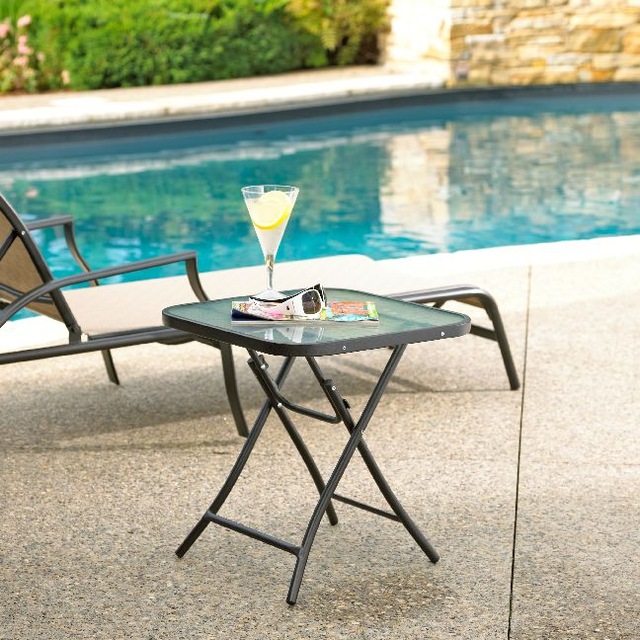 For Living Folding Outdoor/Patio Side Table w/ Glass Top, Assorted, 18