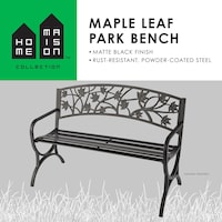 For Living - Banc de jardin avec cadre en acier à motif de feuille d'érable, noir mat