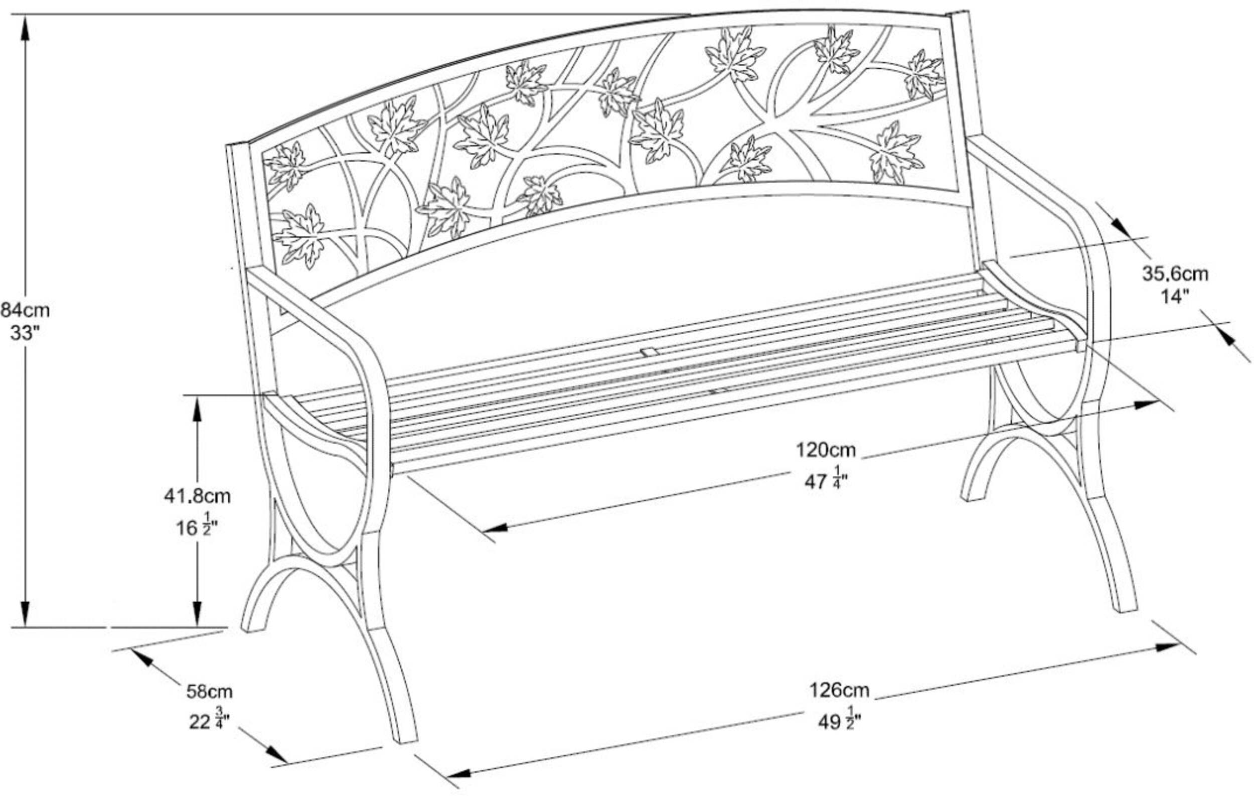 For Living - Banc de jardin avec cadre en acier à motif de feuille d'érable, noir mat Front_Angled_Right