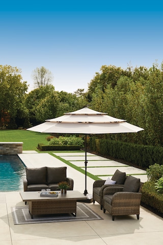 Canvas Triple Tier Outdoor Patio Umbrella W Crank Handle Beige 11 Ft Canadian Tire Outdoor Patio Umbrella W Crank Handle, Cantilever Outdoor Beige Umbrella With Lights And Speaker