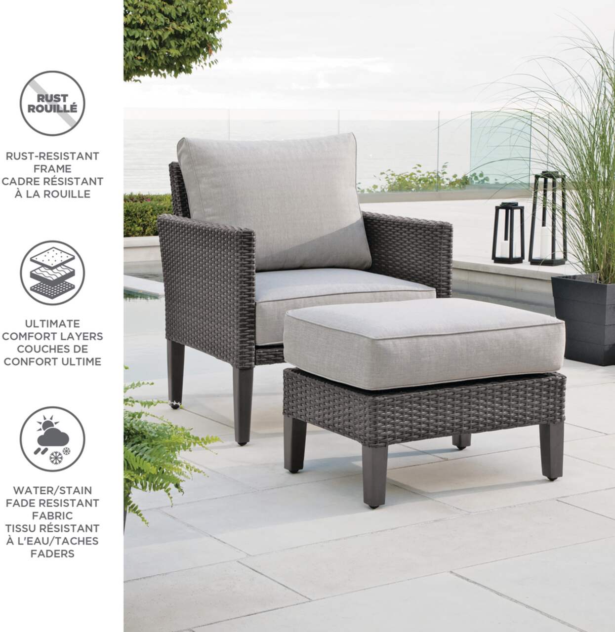 CANVAS Renfrew Outdoor Patio Sectional Chair Ottoman Set w UV Resistant Cushions 2 pc