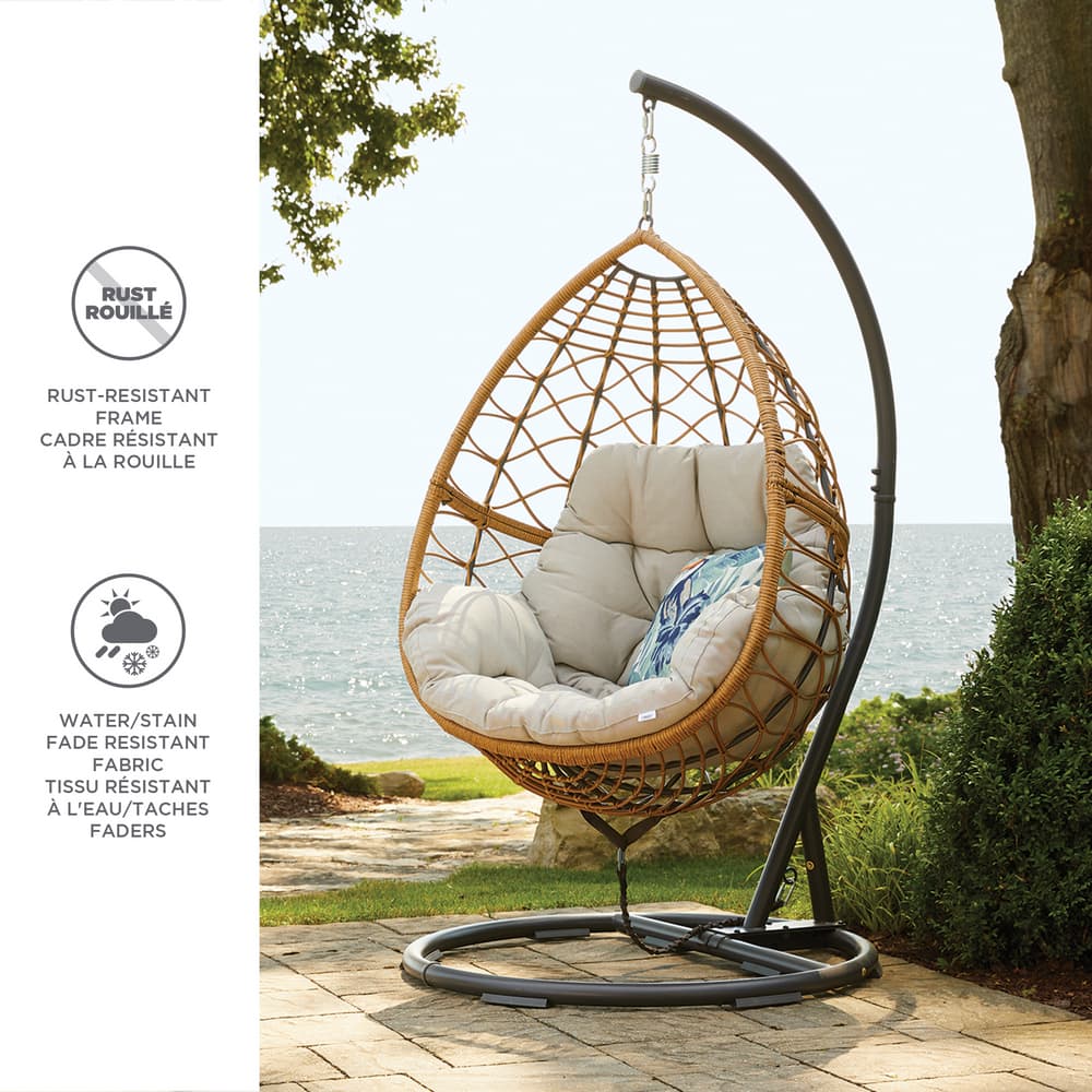 Beige Patio Tree Outdoor Basket Swing Chair Hanging Tear Drop Egg Chair with Stand 