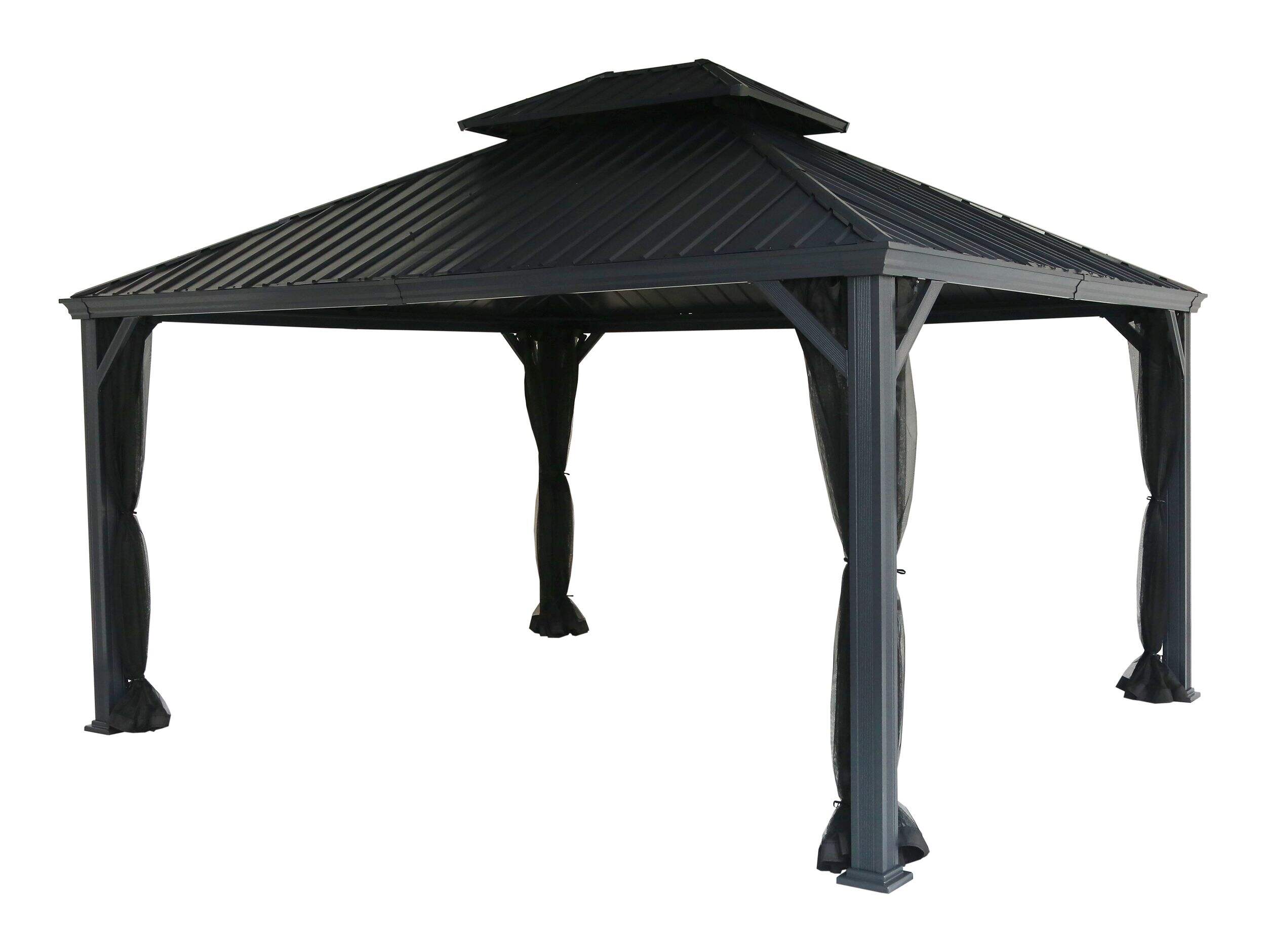 CANVAS Skyline Outdoor/Patio Aluminum Hard-Top Gazebo w/ Bug Net, for All-Season, Black, 12-ft x 14-ft Front_Three_Fourths_Angled_Left