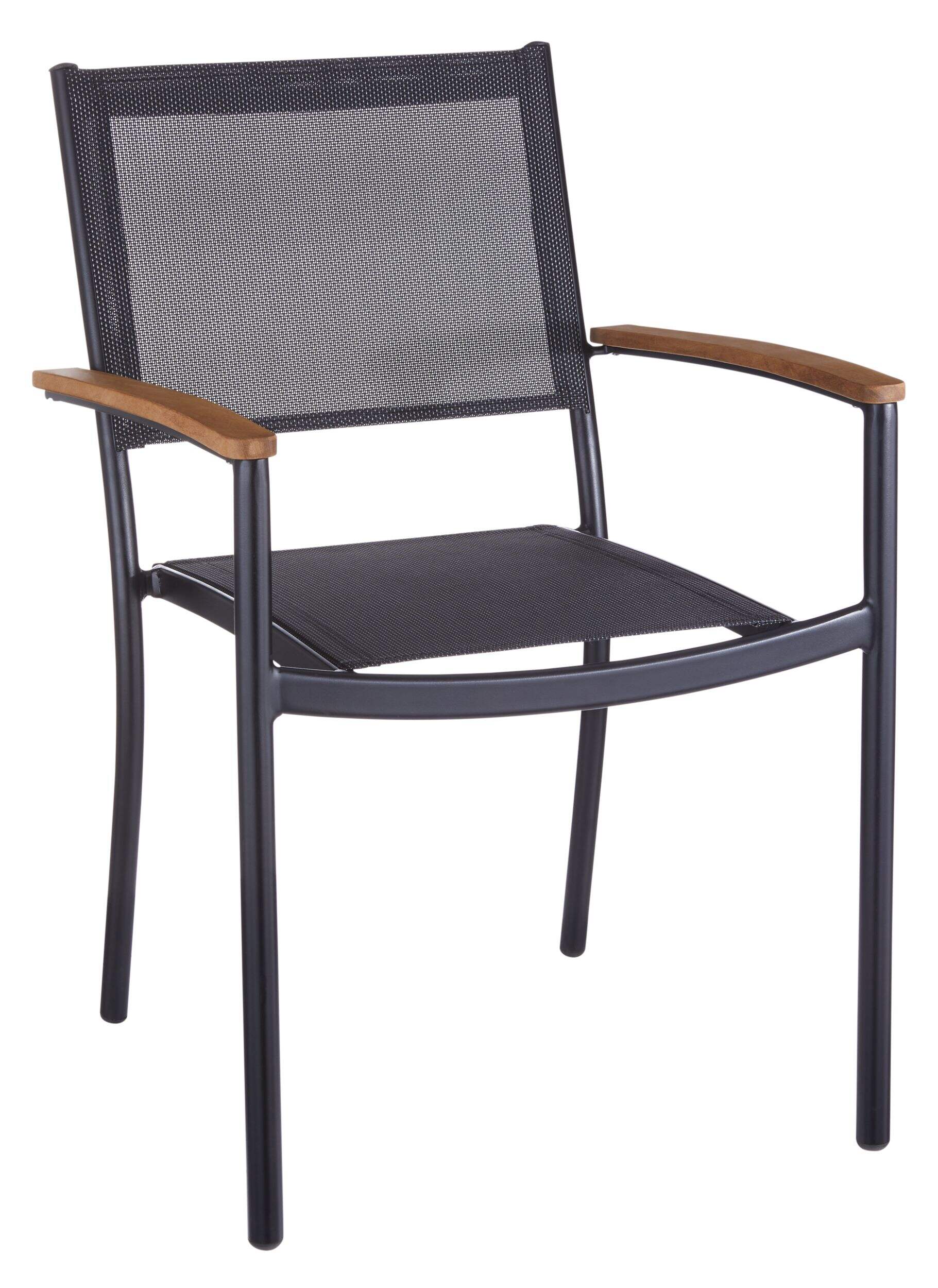 CANVAS Sylvan Aluminum & Teak Wood Outdoor/Patio Stacking Chair, Black Front_Three_Fourths_Angled_Right