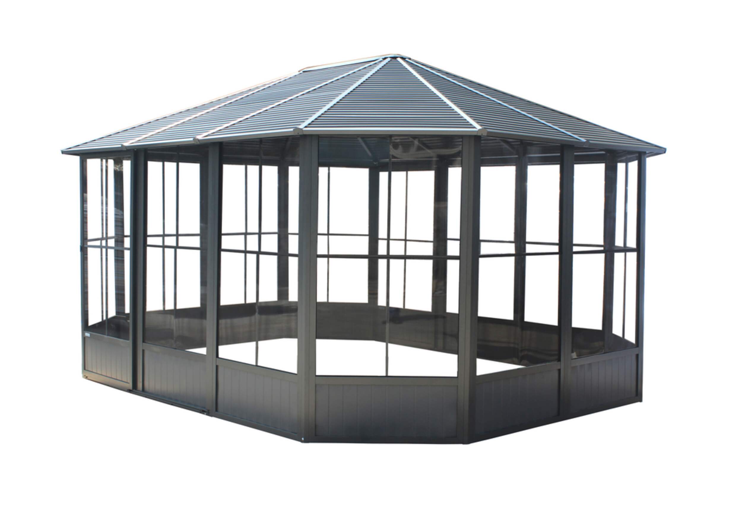 Solarium extérieur en acier galvanisé avec porte coulissante Sojag Korado, gris foncé, 12 x 15 pi Front_Three_Fourths_Angled_Left