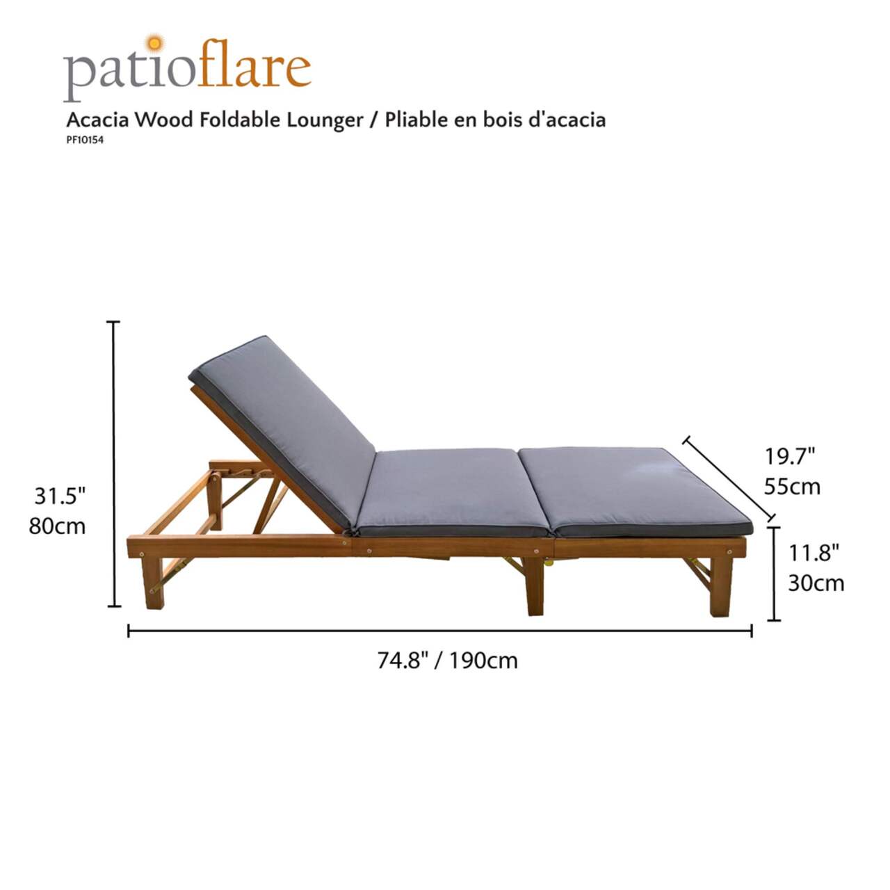 Patioflare Acacia Wood Foldable Outdoor Patio Pool Lounger w
