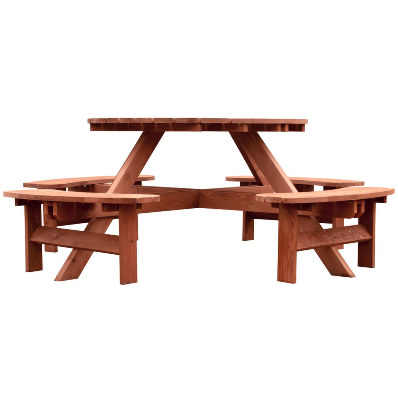 Leisure Season Acrylic Coated Round Wooden Picnic Table with Benches Medium Brown 82 x 82 x 30 in