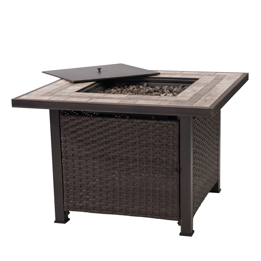 Sunjoy Sq Ceramic Propane Gas Outdoor Fire Pit Table w/ All Weather