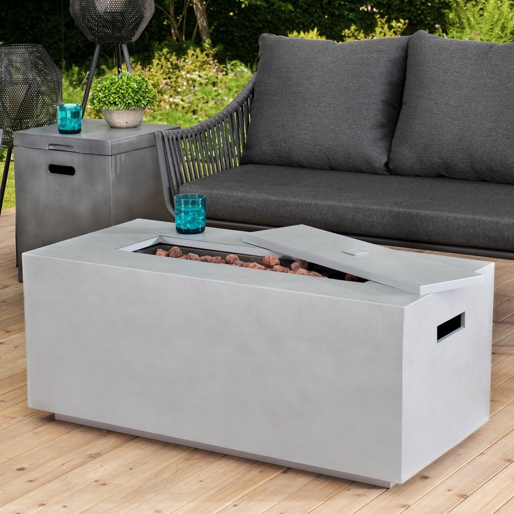 Table rectangulaire en béton avec foyer d’extérieur au propane Sunjoy
