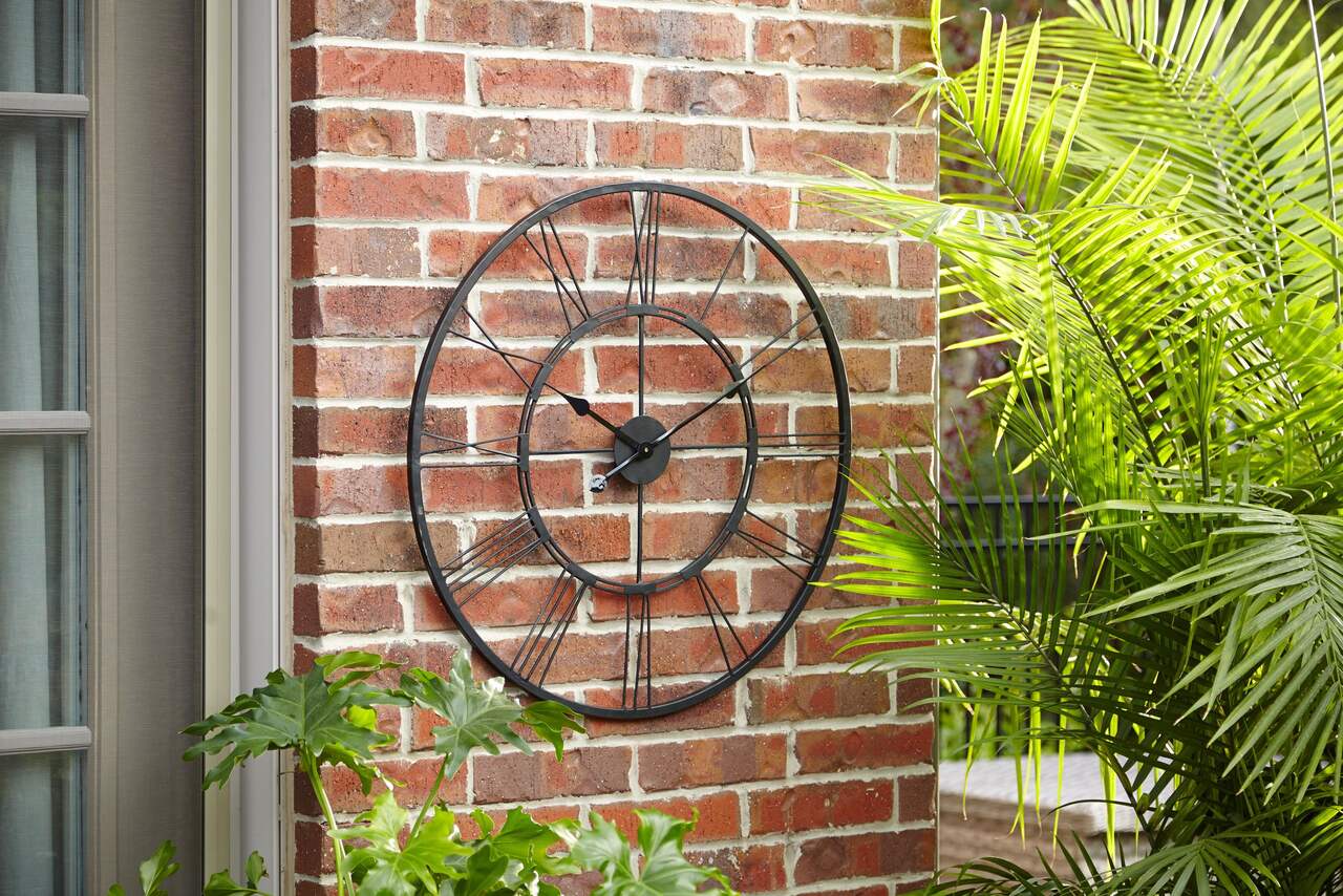 For Living Outdoor 3-in-1 Round Wall Clock with Humidity Index &  Thermometer, Black/White, 24-in