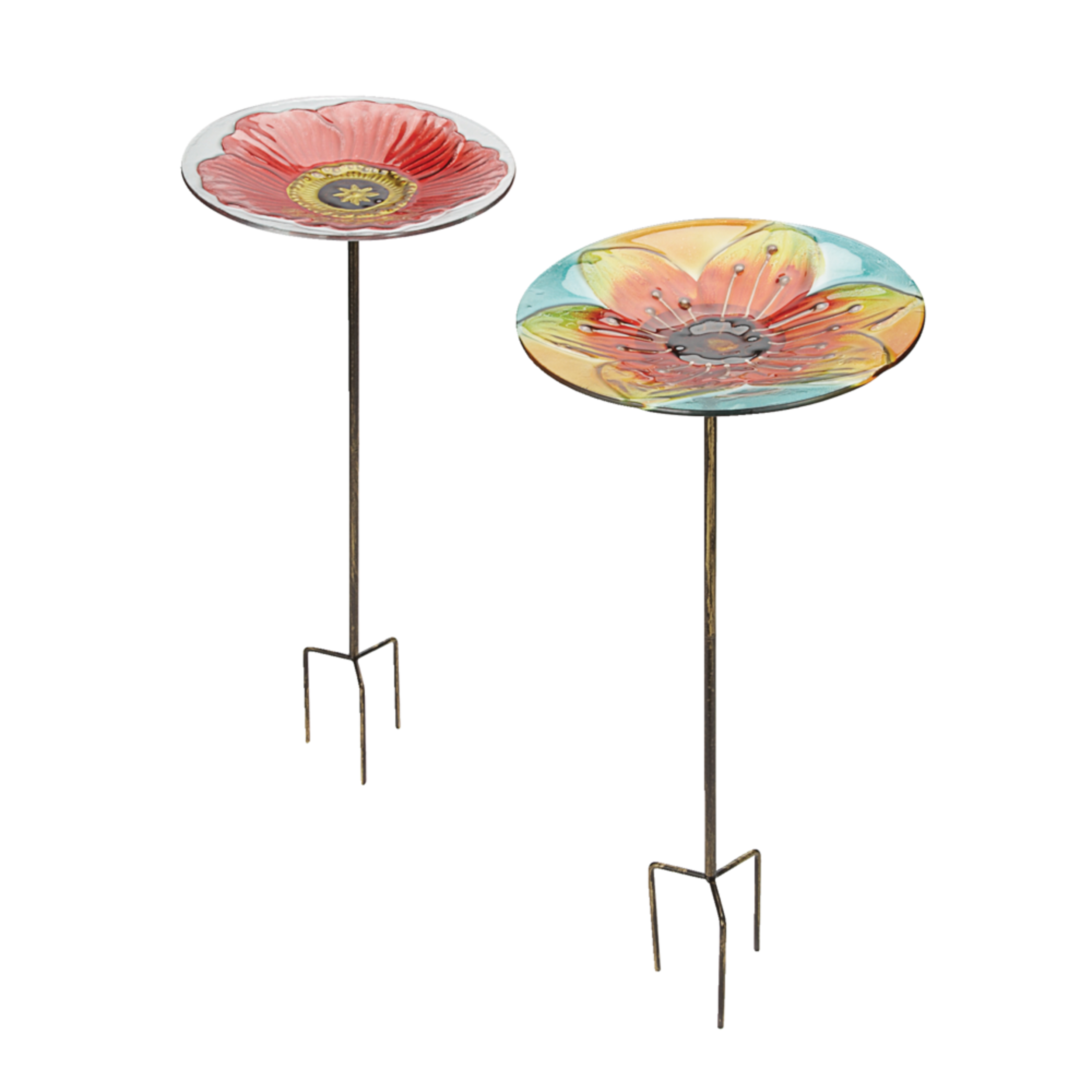 Bain d'oiseaux en verre et métal sur piquet multicolore For Living de 25,59 po Front_Flat