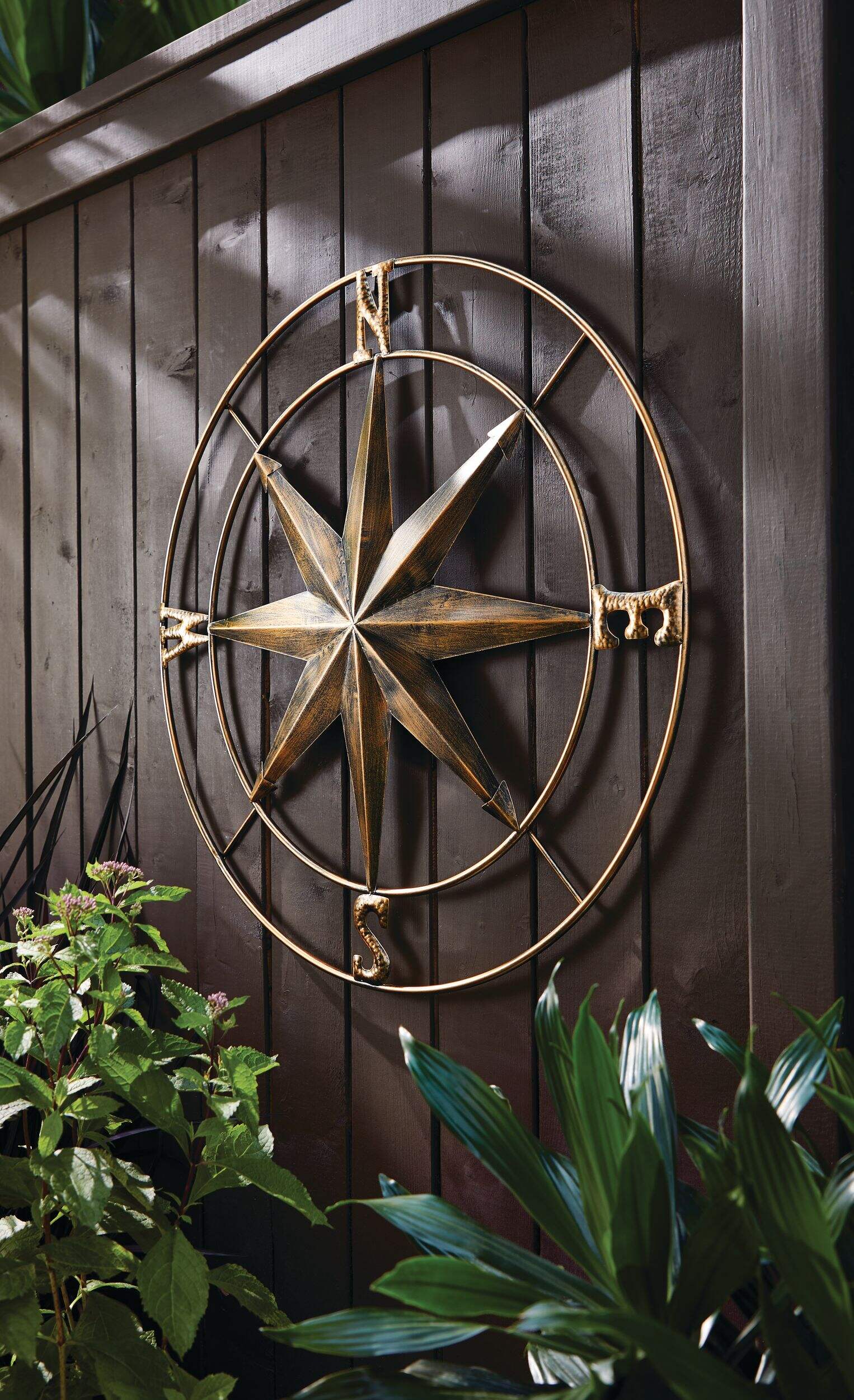 For Living Metal Compass Outdoor Wall Art & Decor, Antique Brass Front_Three_Fourths_Angled_Left
