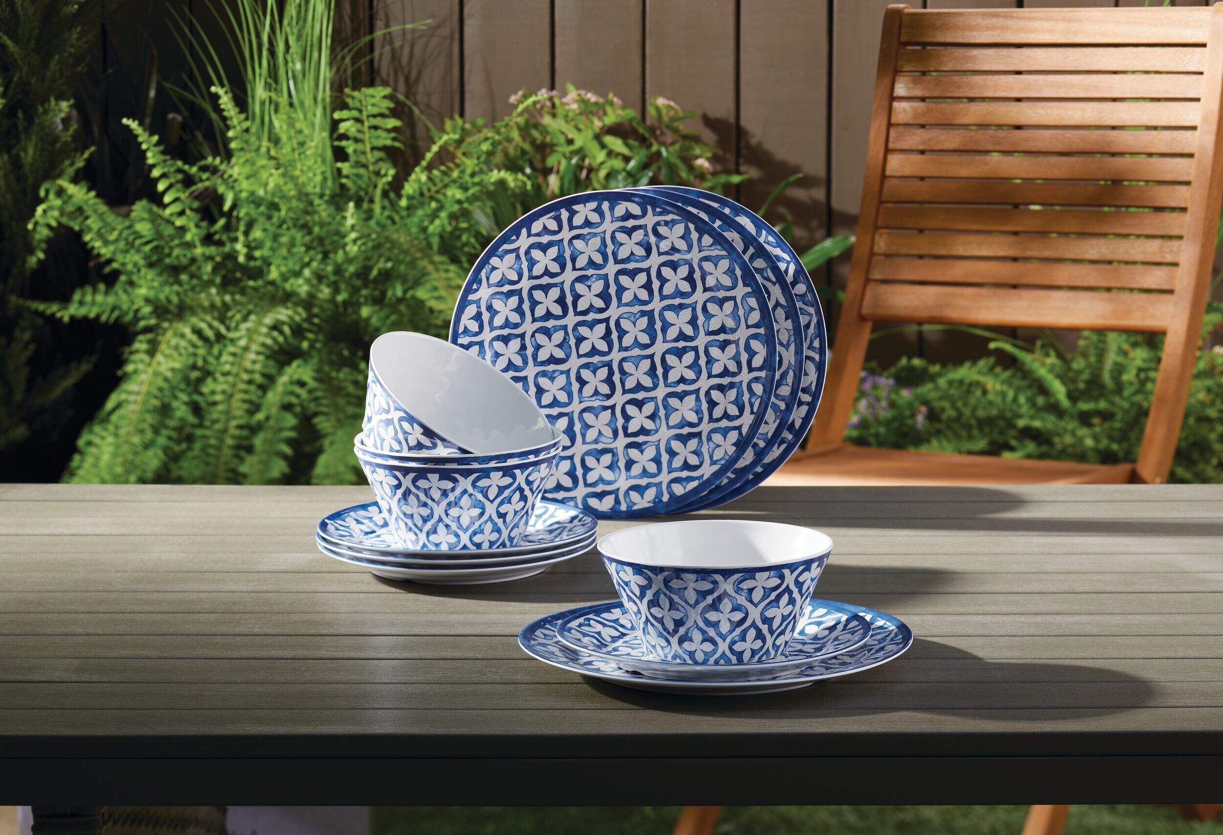 For Living Outdoor Dinnerware Set, 12-pc, Blue & White Composite_or_Mixed