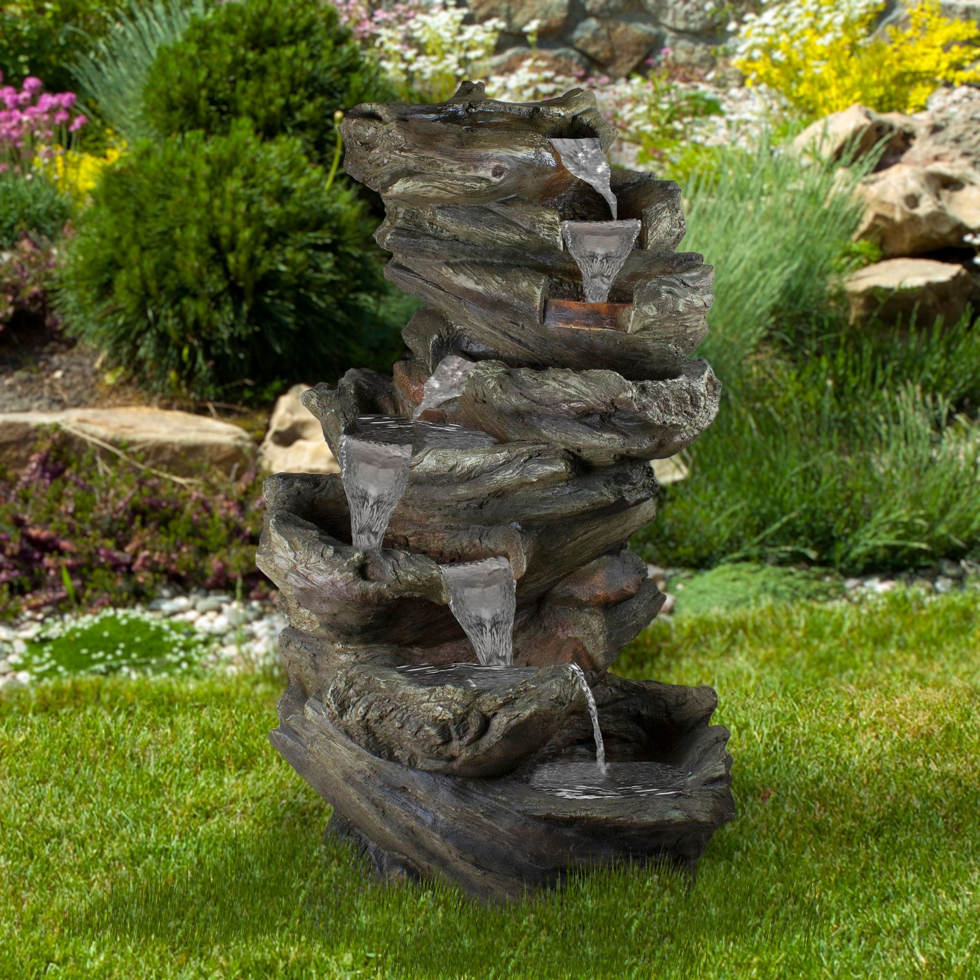 Bear Creek Waterfall Fountain - Huge Towering Rock Outdoor Water Feature For Gardens & Patios. Hand-Crafted Weather Resistant Resin. LED Lights & Pump