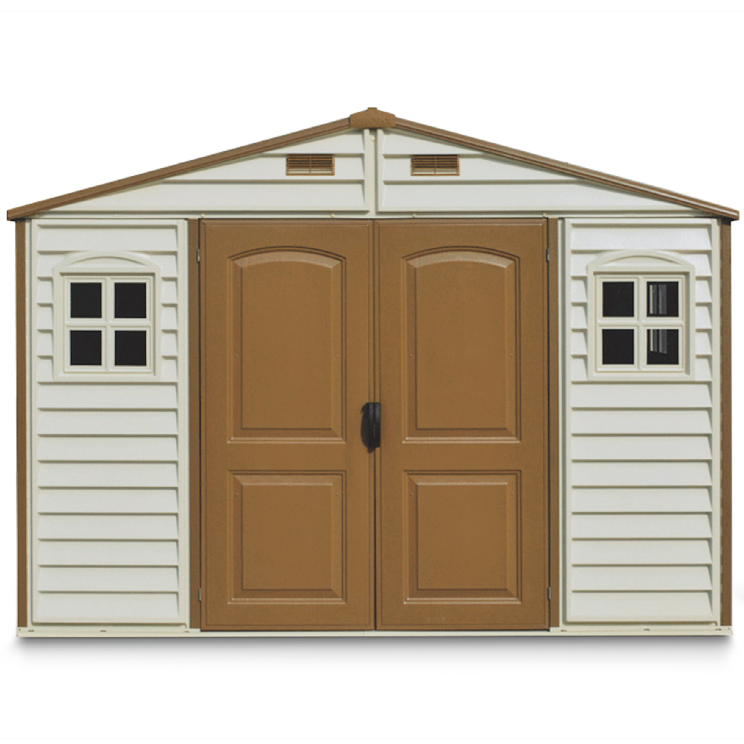 Duramax Woodside Vinyl Resin Garden Shed, Brown, 10-1/2-ft x 8-ft Front_Flat