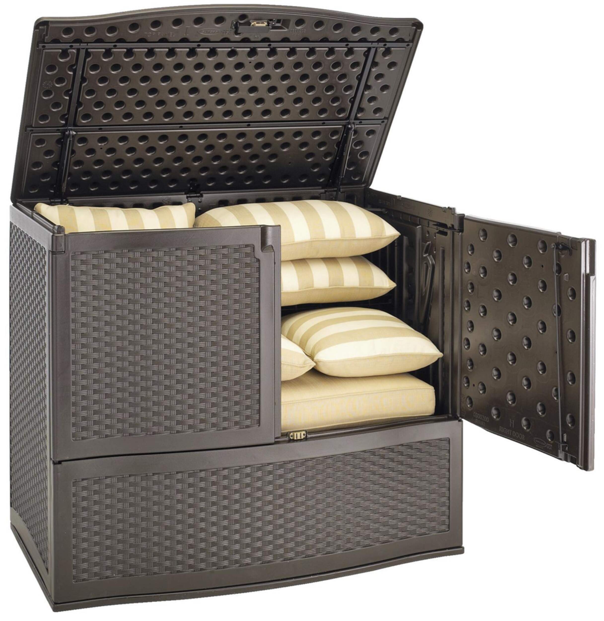 Suncast Backyard Oasis® Resin Storage & Entertaining Station with Shelf, Java, 738-L Front_Angled_Right