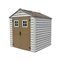 Duramax StoreMax Vinyl Garden Shed, Brown, 7-ft x 7-ft Front_Three_Fourths_Angled_Left