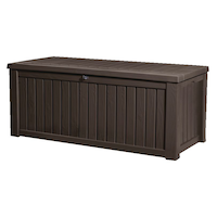 Keter Wood-Look Outdoor Storage Deck Box, X-Large, Brown, 570-L Front_Three_Fourths_Angled_Left