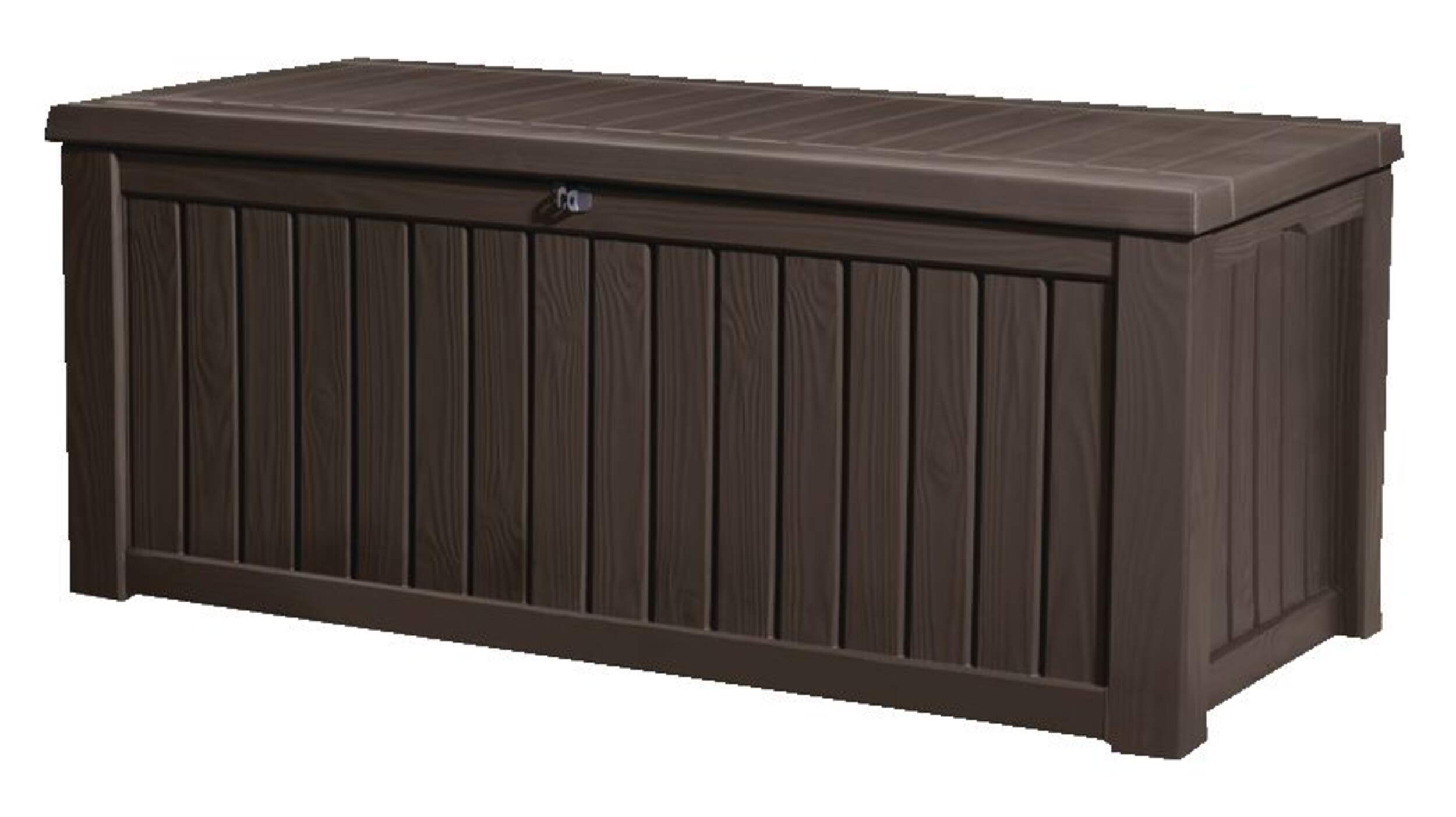 Coffre de rangement extérieur pour terrasse Keter, aspect bois, très grand, brun, 570 L Front_Three_Fourths_Angled_Left