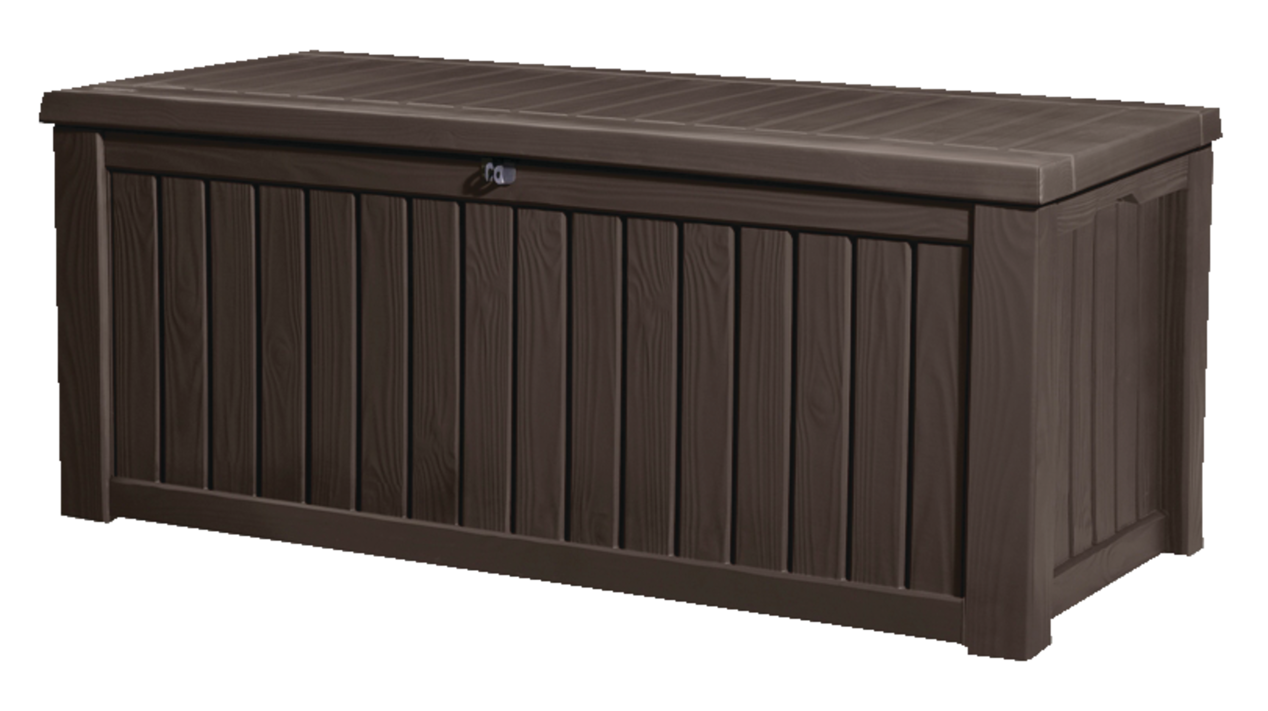 Keter Wood-Look Outdoor Storage Deck Box, X-Large, Brown, 570-L Front_Three_Fourths_Angled_Left