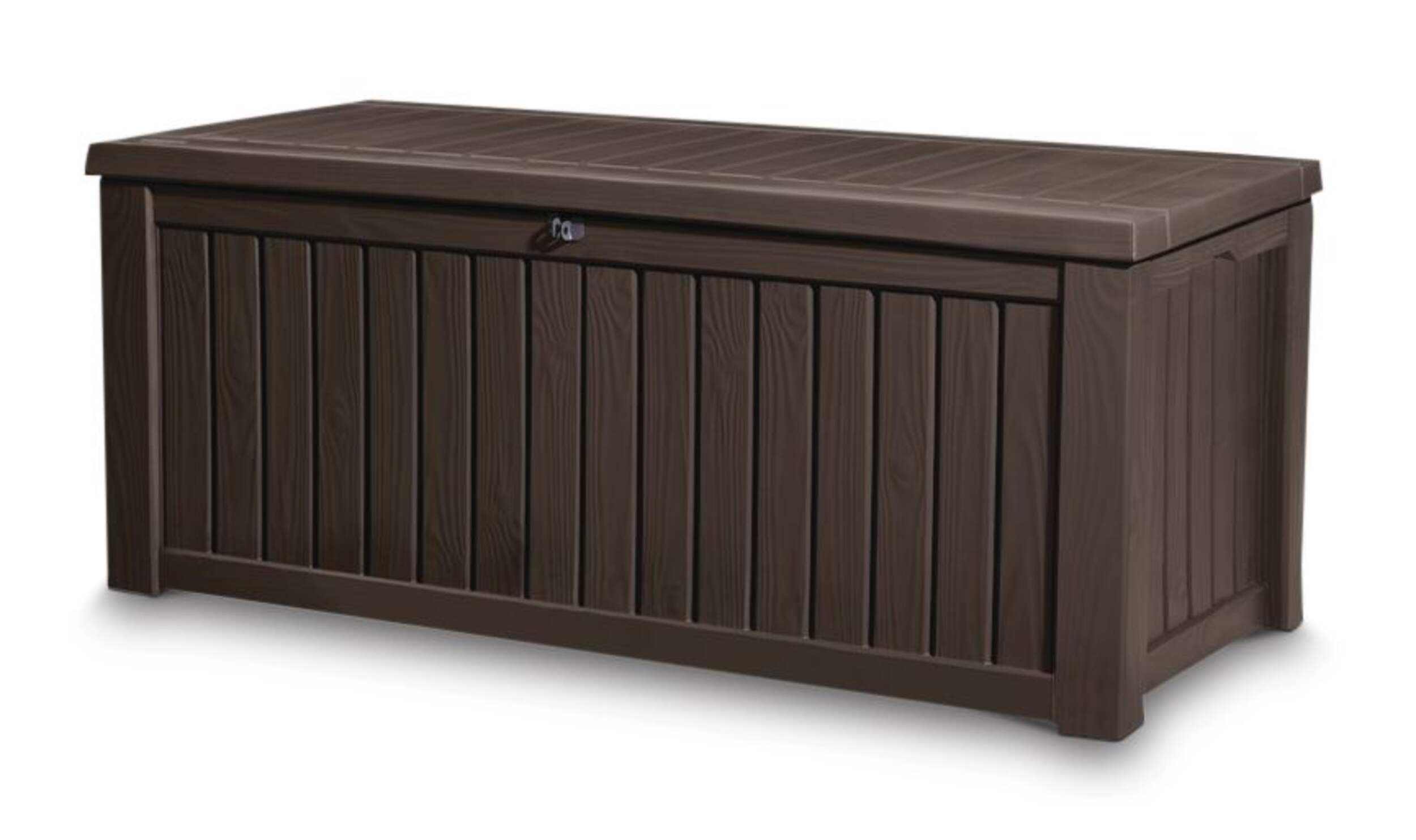 Keter Wood-Look Outdoor Storage Deck Box, X-Large, Brown, 570-L Front_Three_Fourths_Angled_Left