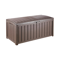 Keter Wood-Look Outdoor Storage Deck Box, Large, Brown, 390-L Front_Three_Fourths_Angled_Right