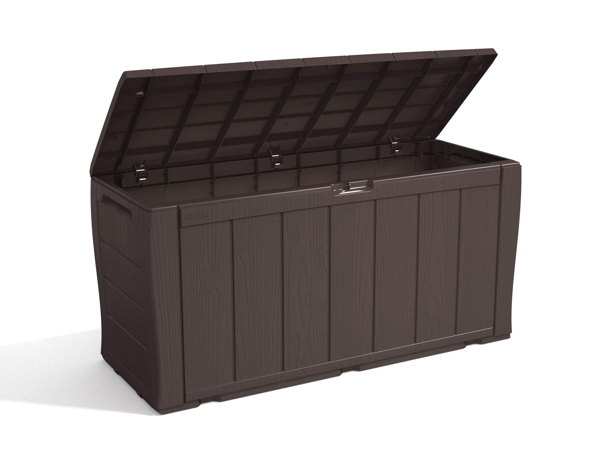Keter Wood-Look Outdoor Storage Deck Box for All-Weather, Brown, 270-L Front_Three_Fourths_Angled_Right