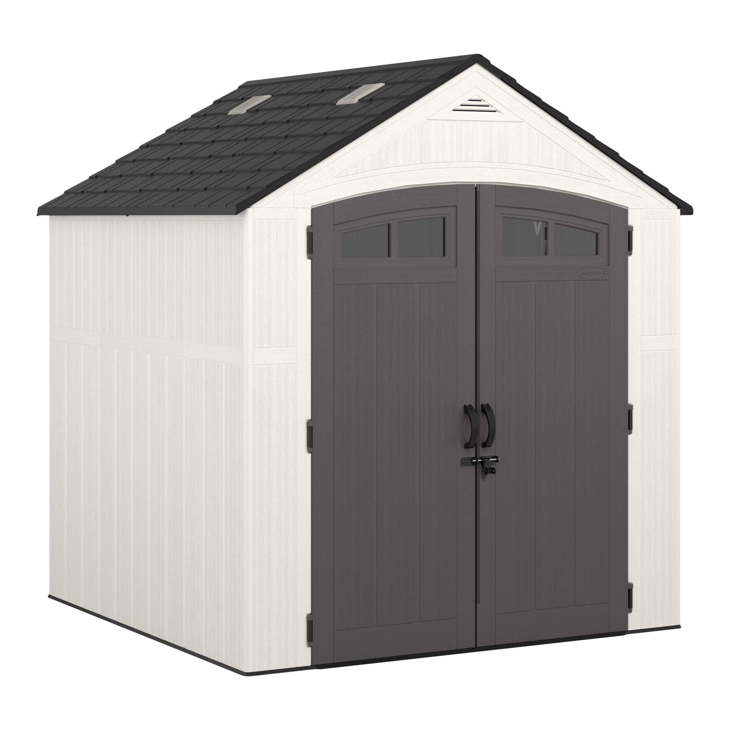 Suncast Ridgeland Shed, White/Grey, 7-ft x 7-ft Front_Three_Fourths_Angled_Right