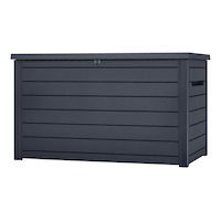 Keter All-Weather Outdoor Storage Deck Box, Wood-Look, Grey, 870-L Front_Angled_Left