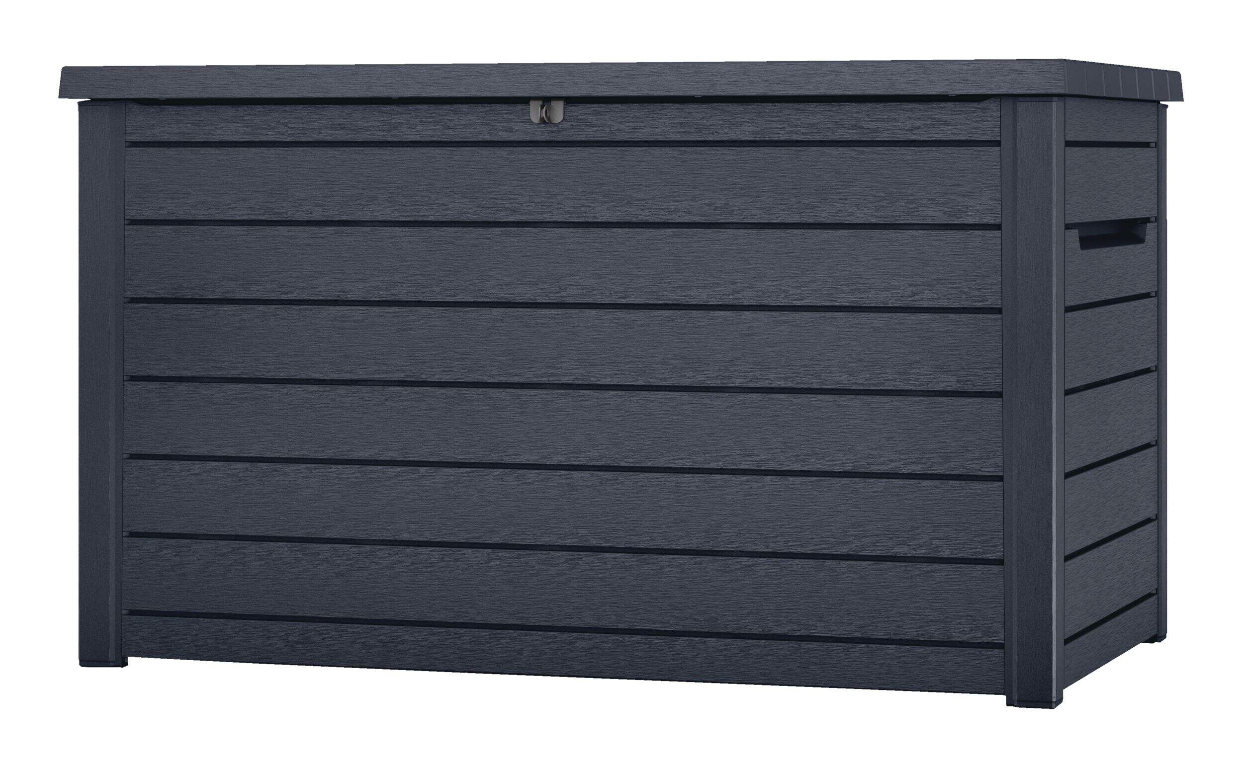 Keter All-Weather Outdoor Storage Deck Box, Wood-Look, Grey, 870-L Front_Angled_Left