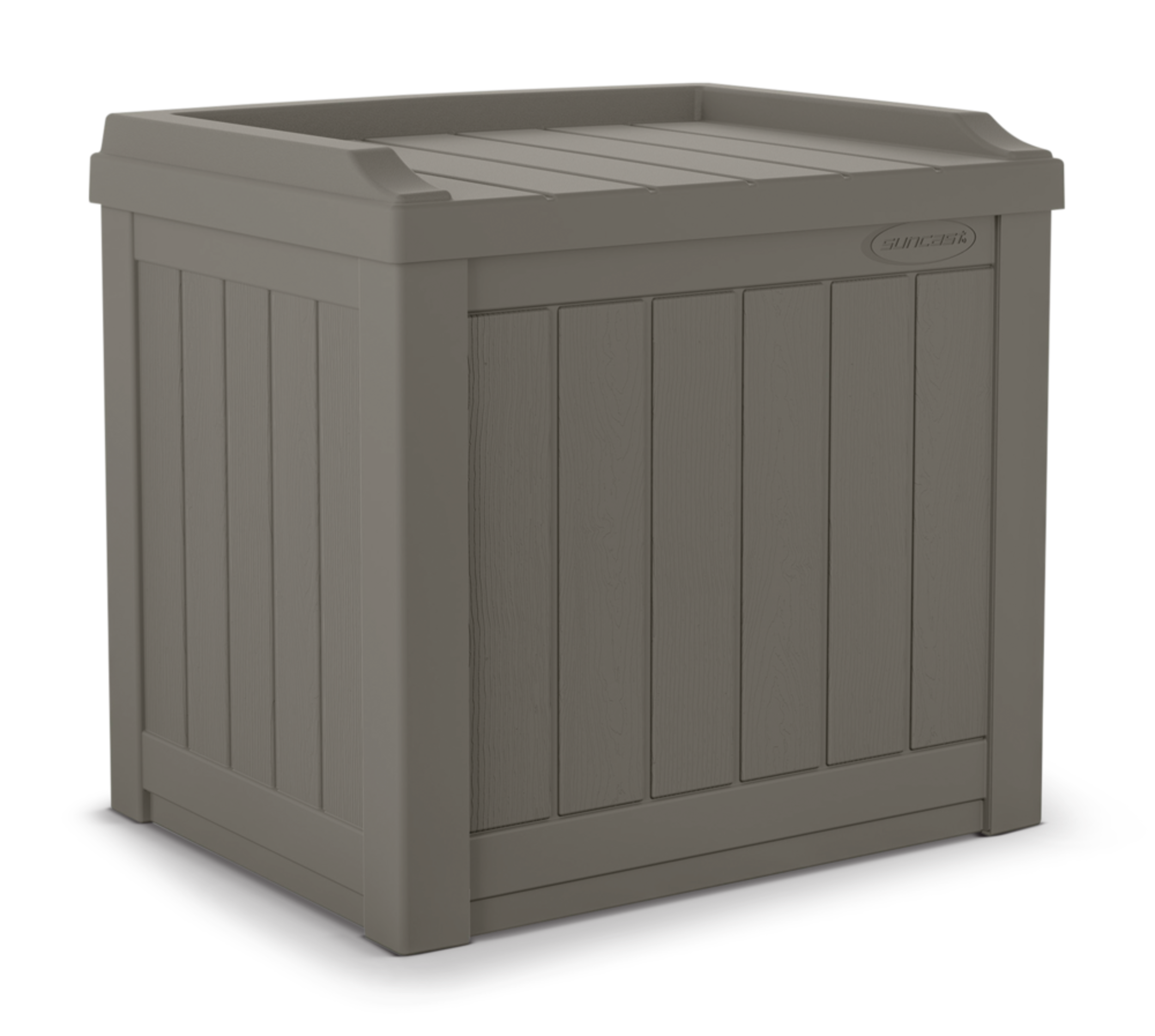 Suncast Resin Small Indoor/Outdoor Storage Deck Box with Seat, Stoney, 83-L Front_Three_Fourths_Angled_Right