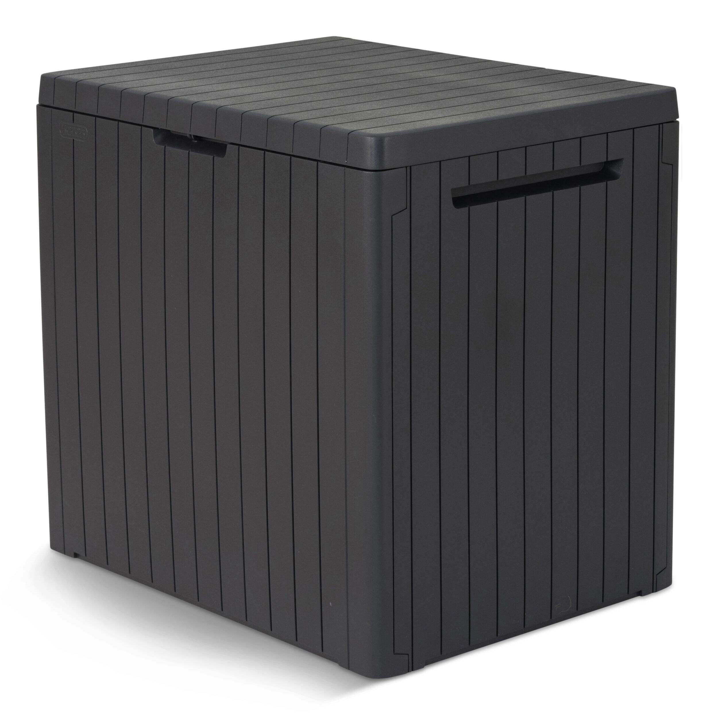Keter All-Weather Outdoor Storage Deck Box, Grey, 113-L Front_Three_Fourths_Angled_Left