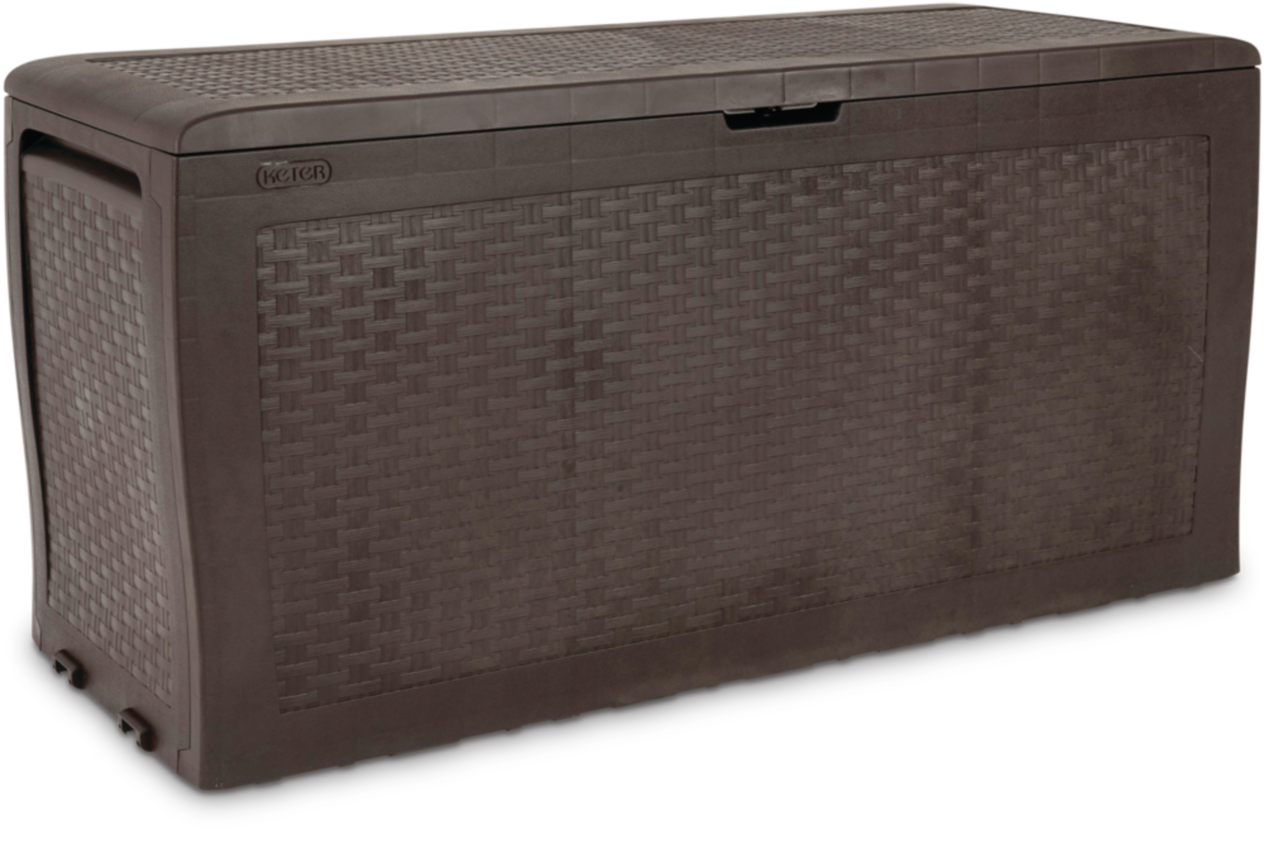 Keter Samoa Outdoor Storage Deck Box, Rattan Style, Brown, 270-L Front_Three_Fourths_Angled_Right