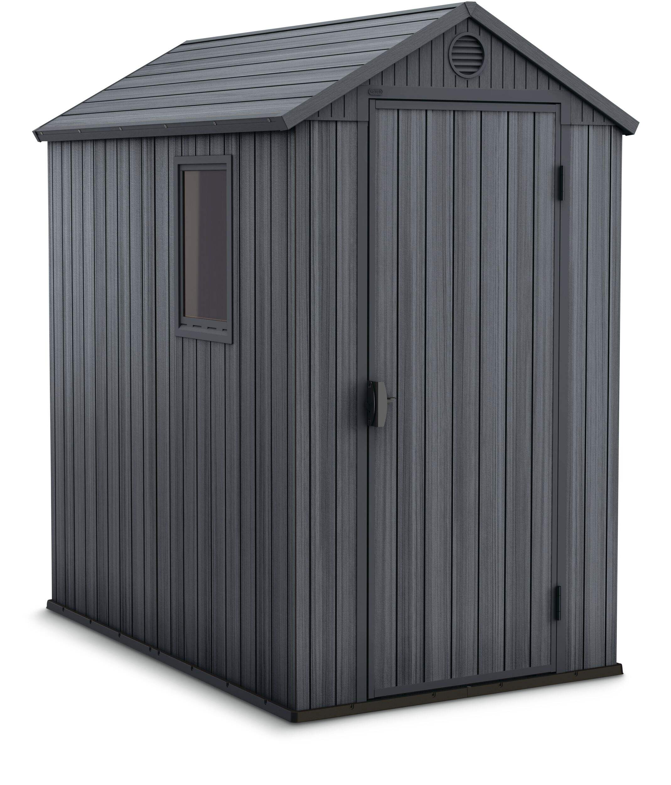 Keter Resin Darwin Outdoor Storage Shed, Anthracite, 4-ft x 6-ft Front_Three_Fourths_Angled_Right