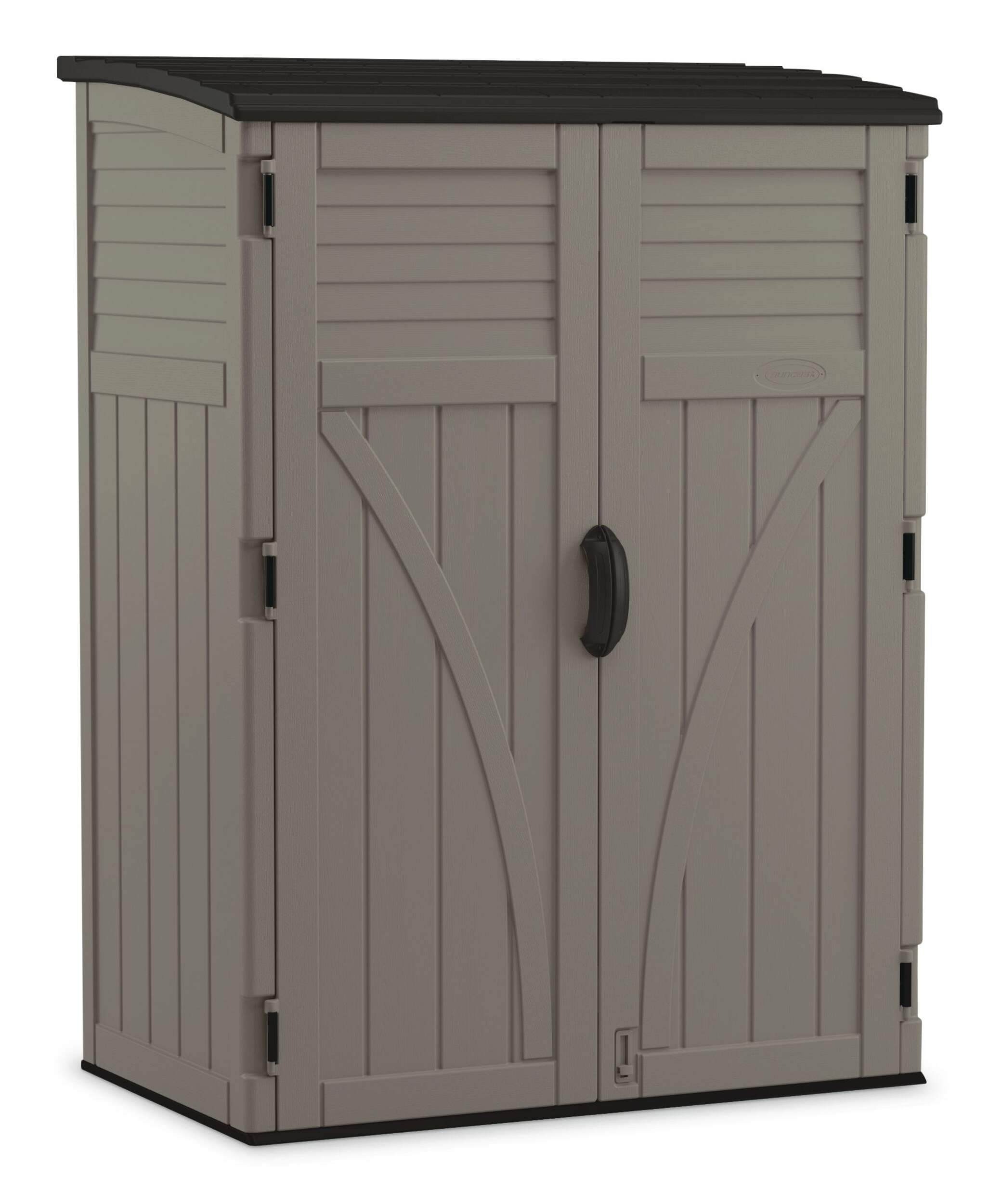 Suncast Outdoor Vertical Storage Shed, Stoney Grey, 1529-L Front_Three_Fourths_Angled_Right