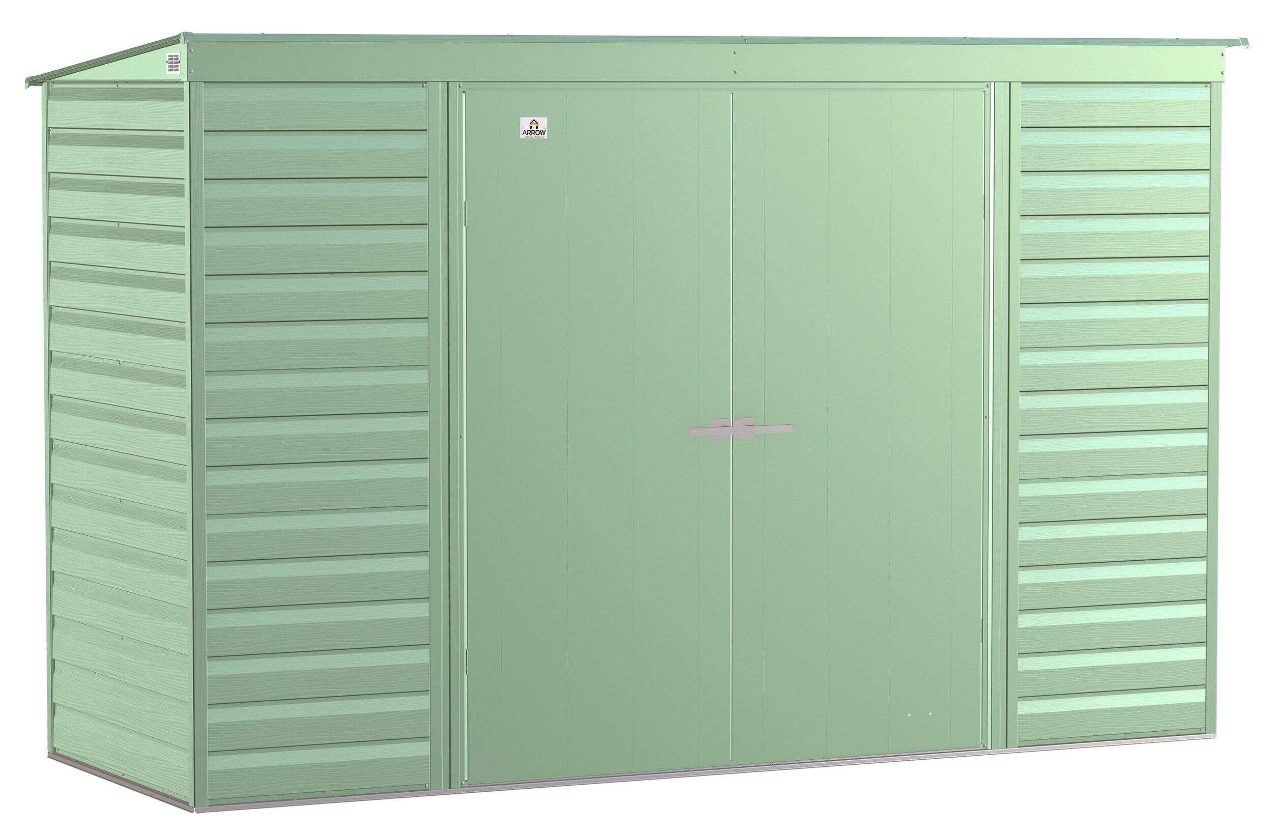 Arrow Select Galvanized Steel Storage Shed, Sage Green, 10-ft x 4-ft Front_Angled_Right