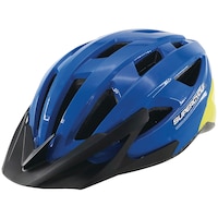 Supercycle Pursuit Bike Helmet, Youth, Blue/Yellow Front_Three_Fourths_Angled_Left