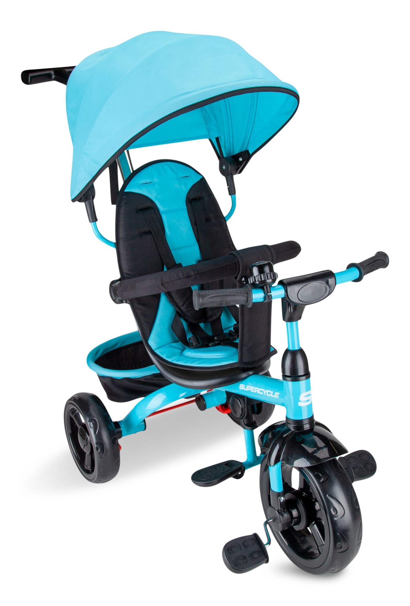 Supercycle Convertible Trike with Front Wheel Fender, Blue/Black Front_Three_Fourths_Angled_Right